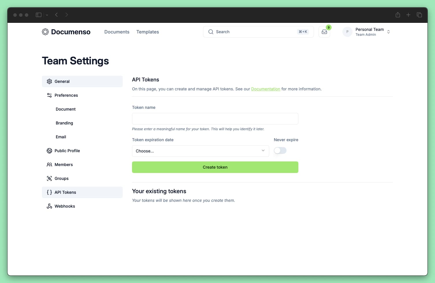 API tokens page
