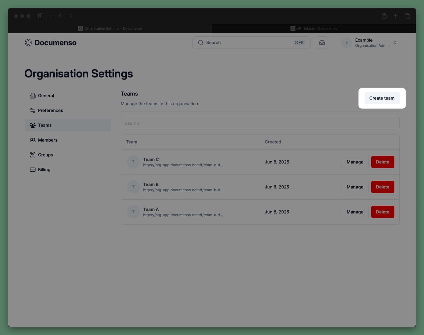 Team creation button on the organisation page