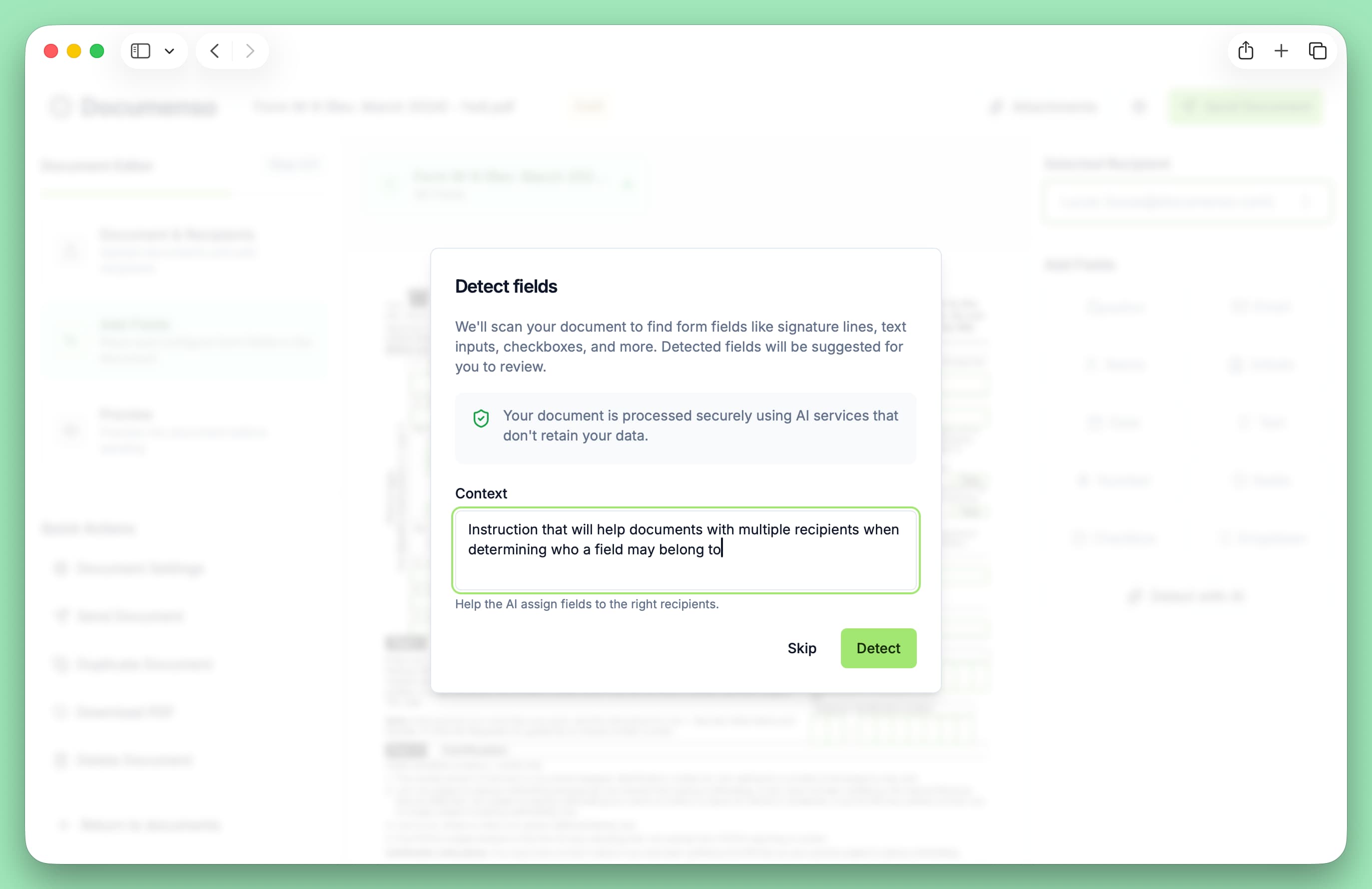 AI field detection dialog with context input