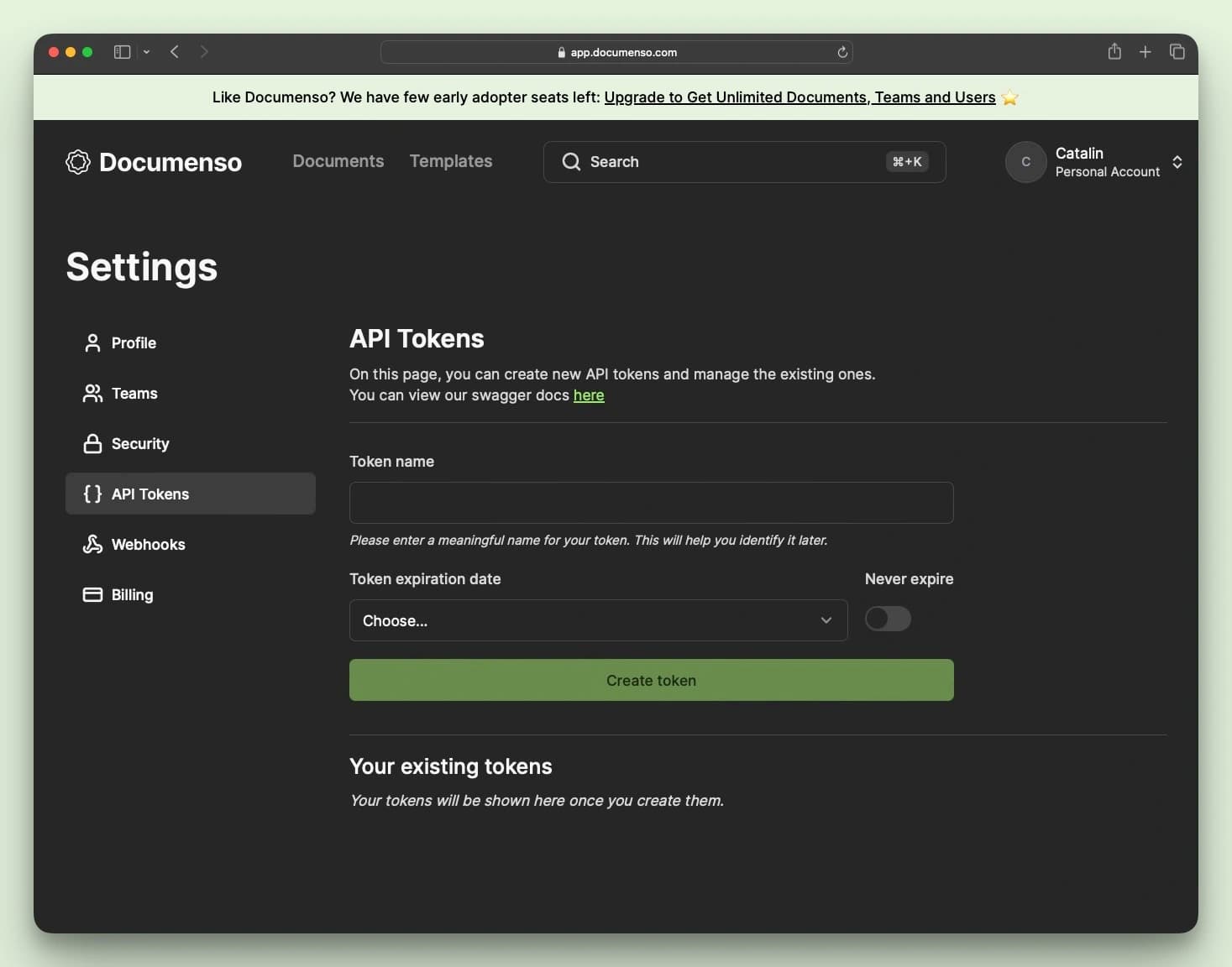 A screenshot of the Documenso's user settings page that shows the API Tokens page