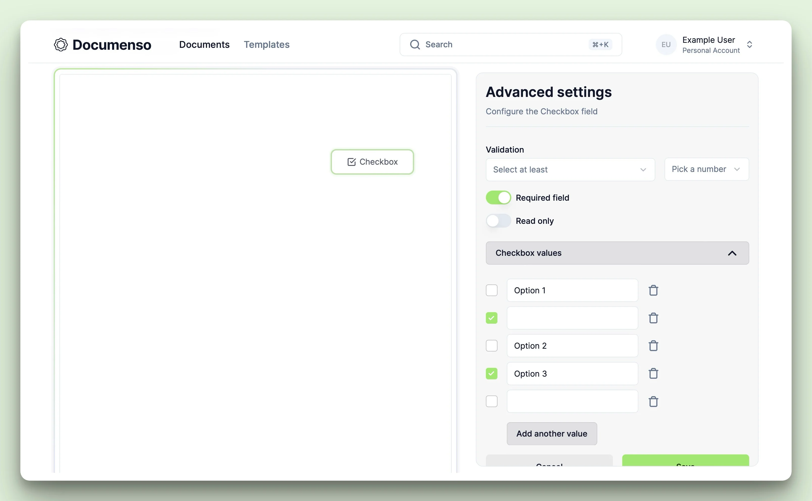 The checkbox field settings in the Documenso document editor