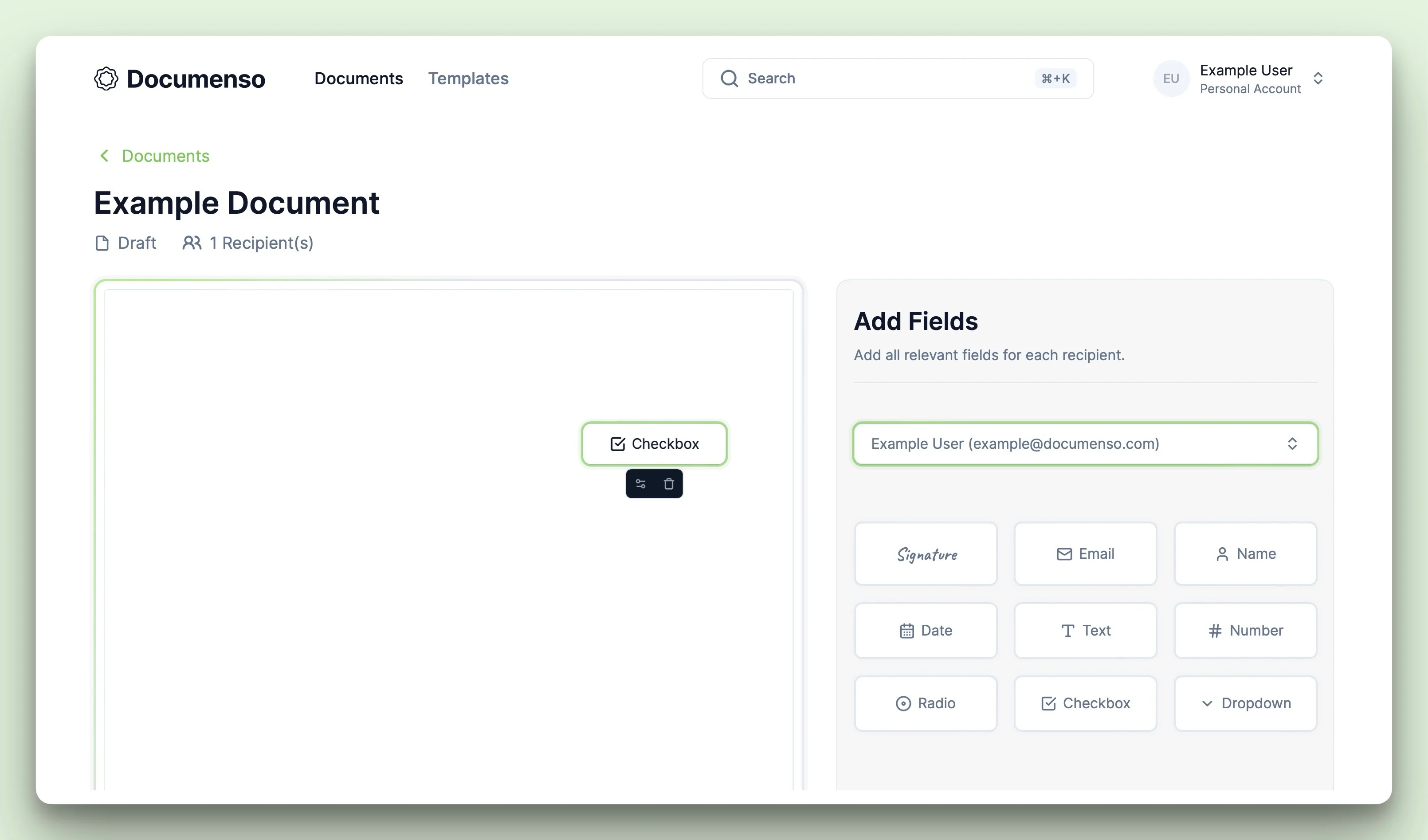 The checkbox field in the Documenso document editor