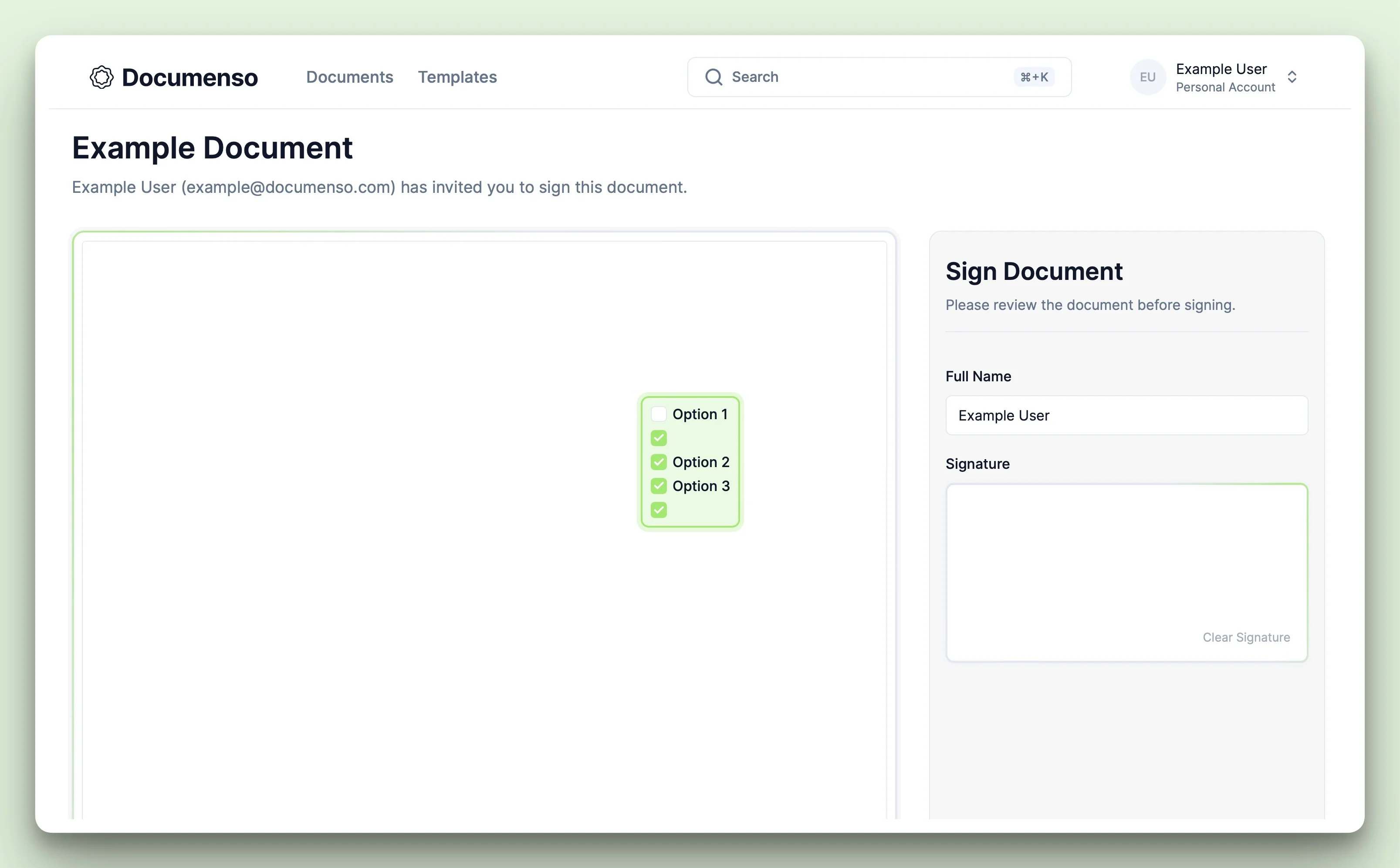 Checkbox field with the values selected by the user in the Documenso document signing view