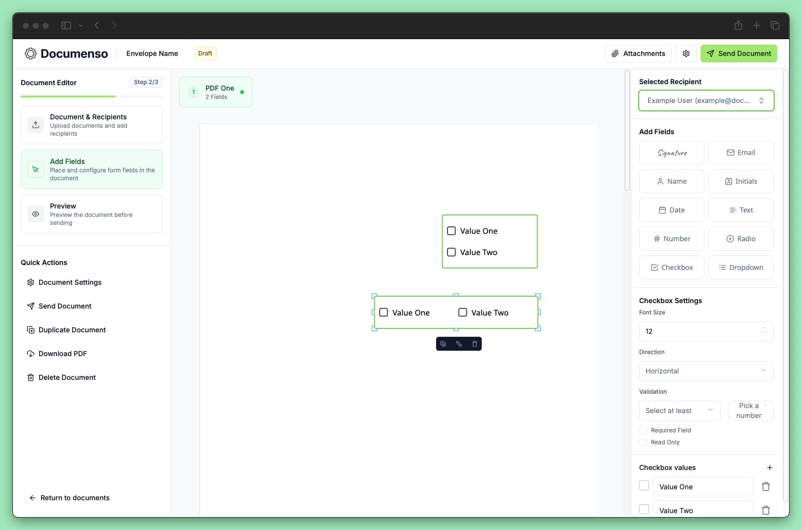 Checkbox field in the document editor