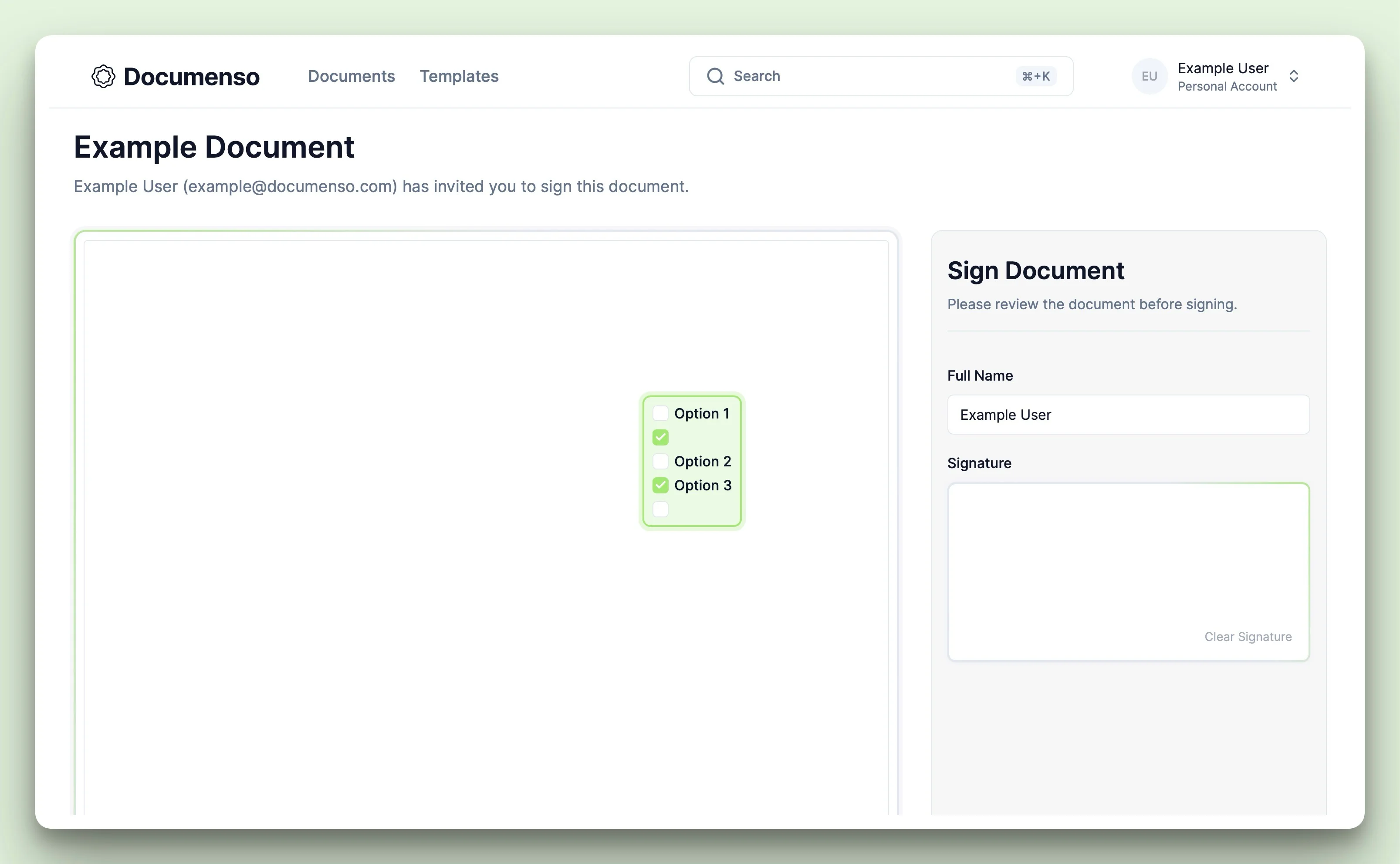 Checkbox field with the values selected by the user in the Documenso document signing view