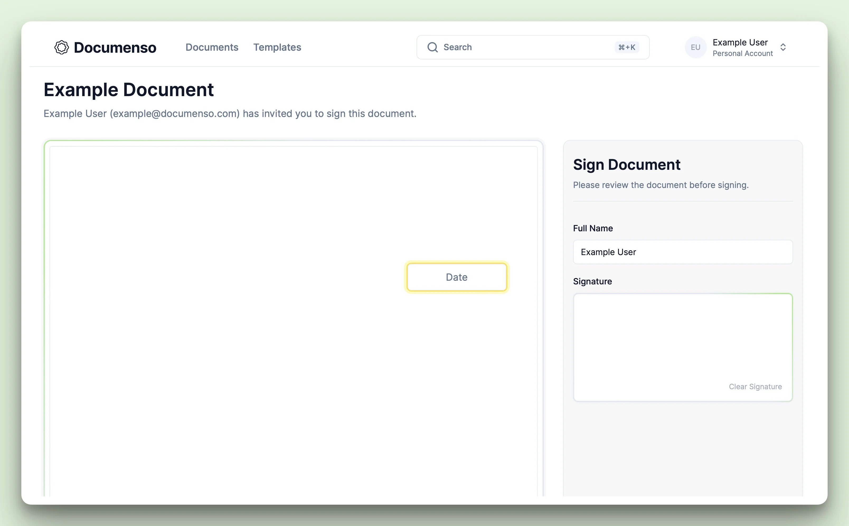 The date field in the Documenso document signing view