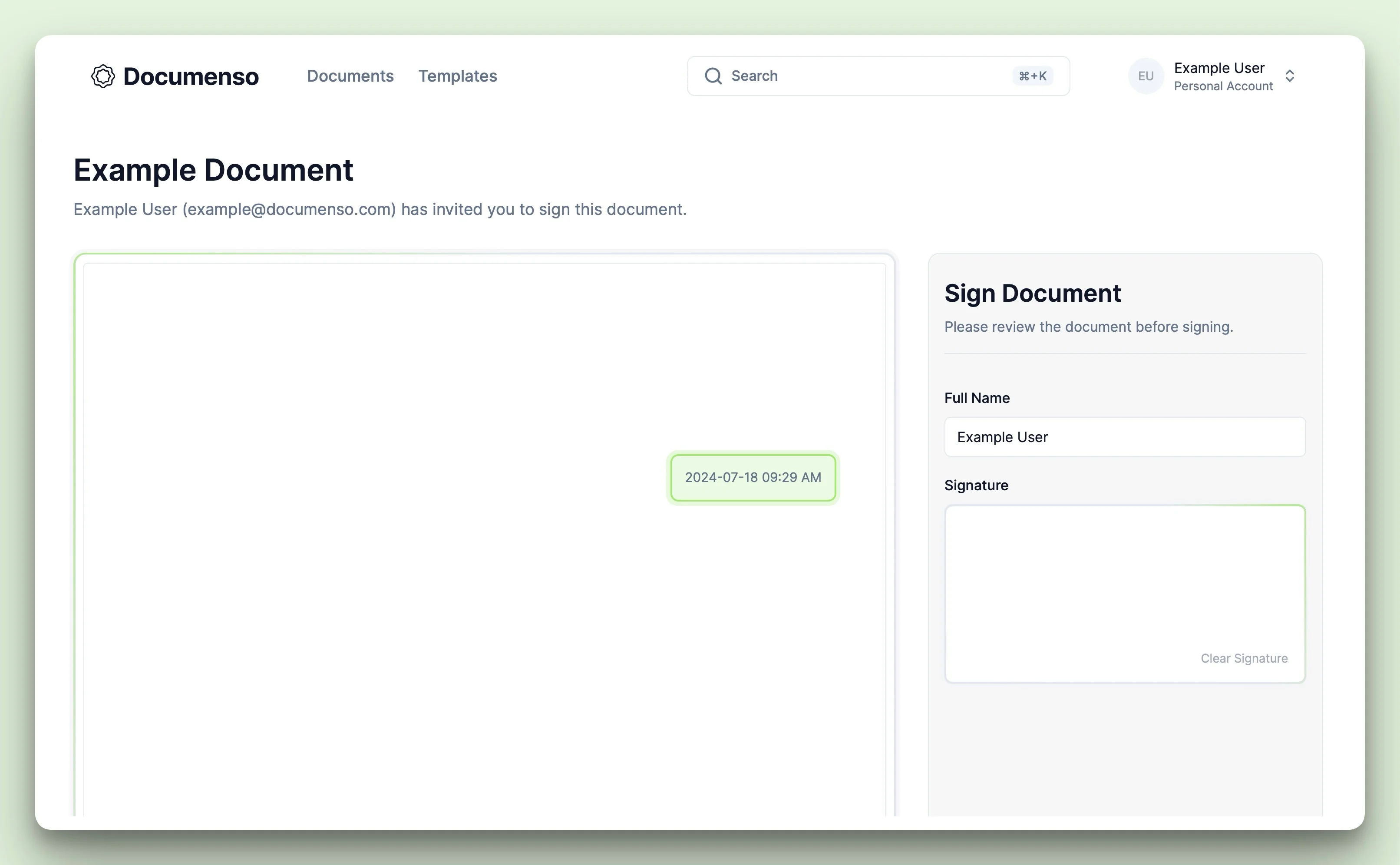 The date field signed by the user in the Documenso document signing view