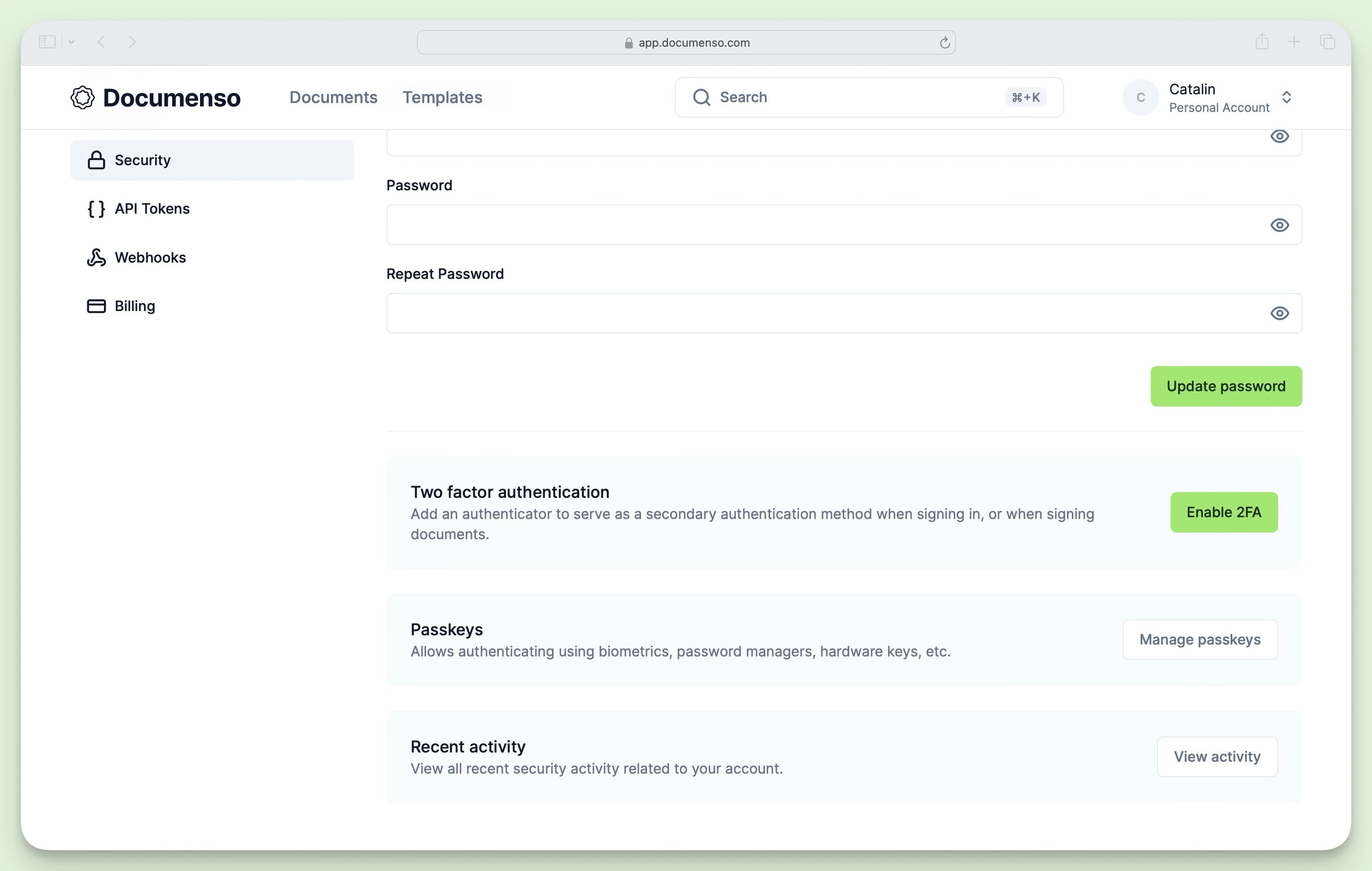 A screenshot of the Documenso's security page in the user settings
