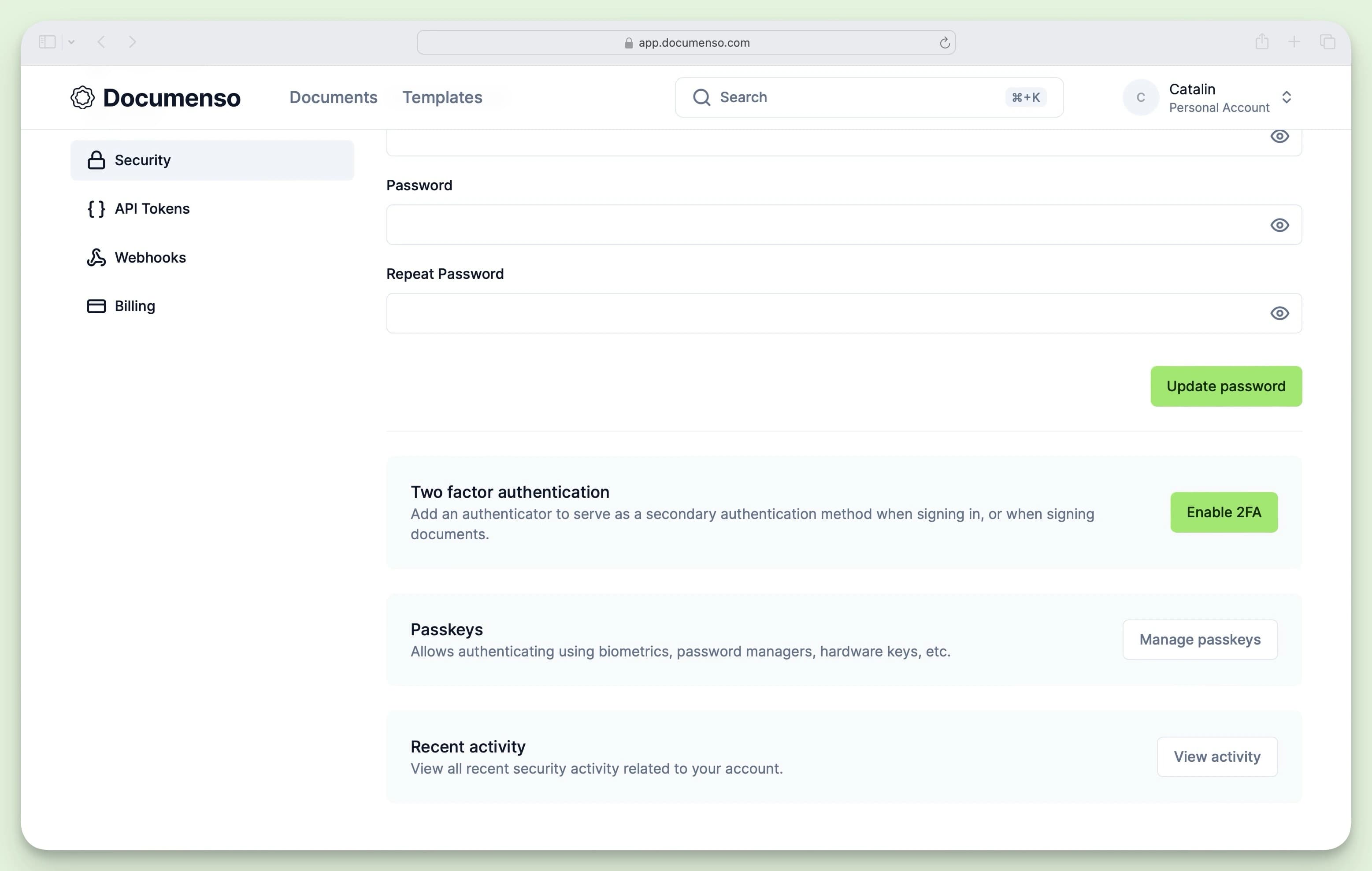 Documenso account security page showing security options