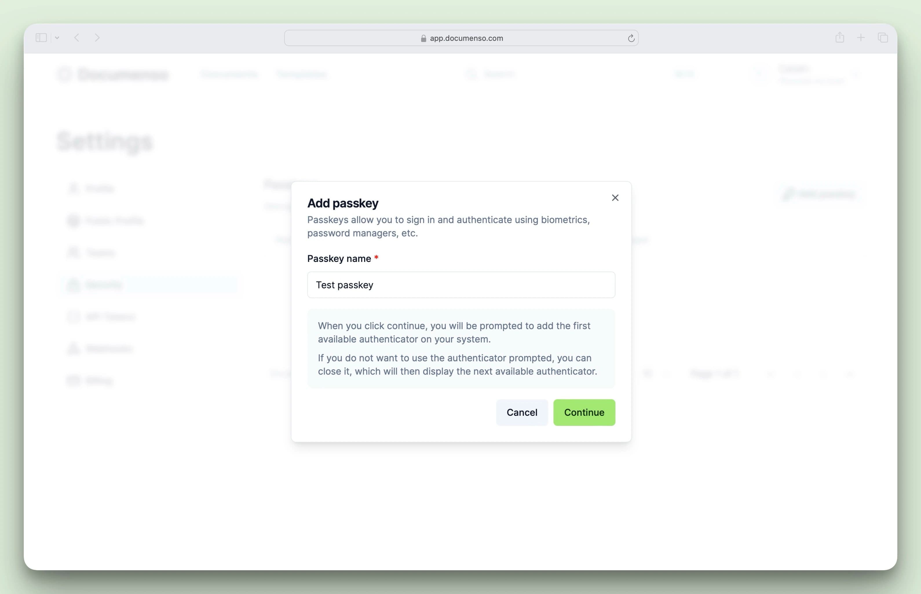 A screenshot of the "Add passkey" modal