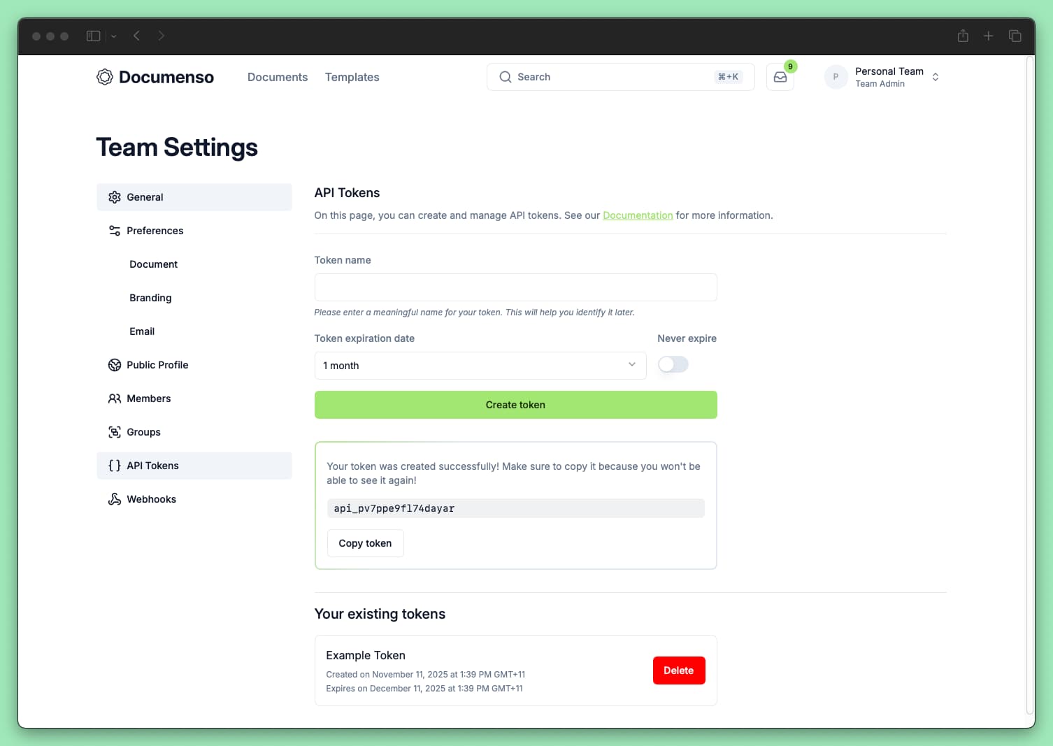 A screenshot of the newly created API token in the Documenso dashboard