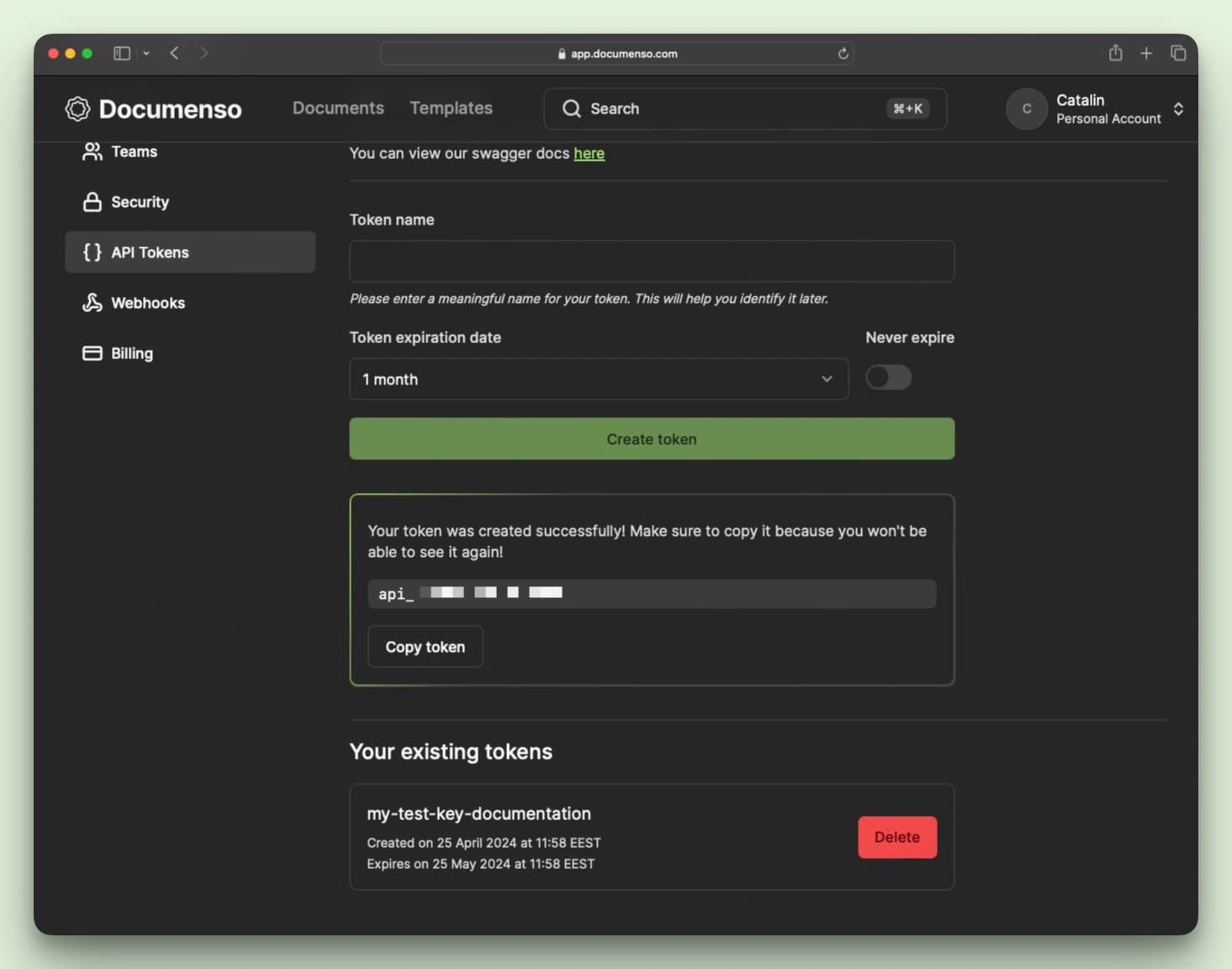 A screenshot of the newly created API token in the Documenso dashboard