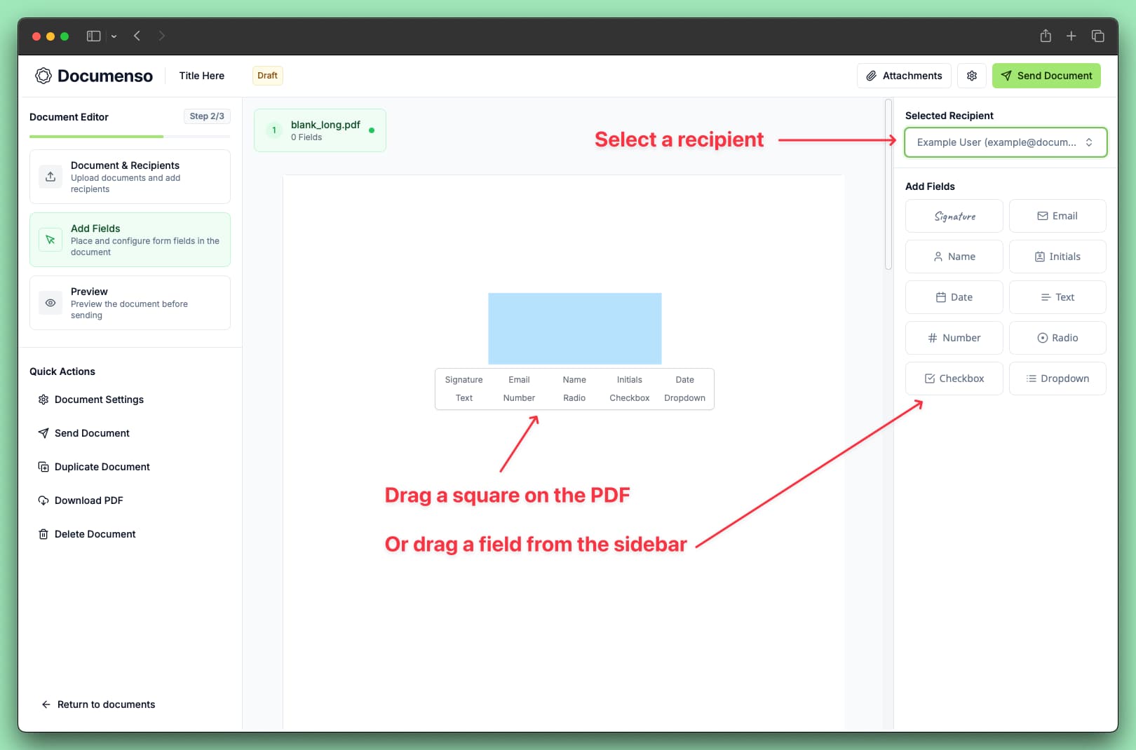 Document fields panel showing available field types