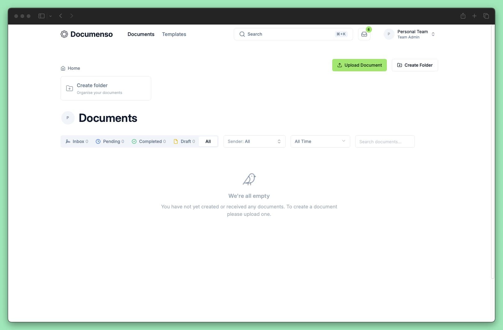 Documents dashboard showing the upload document button