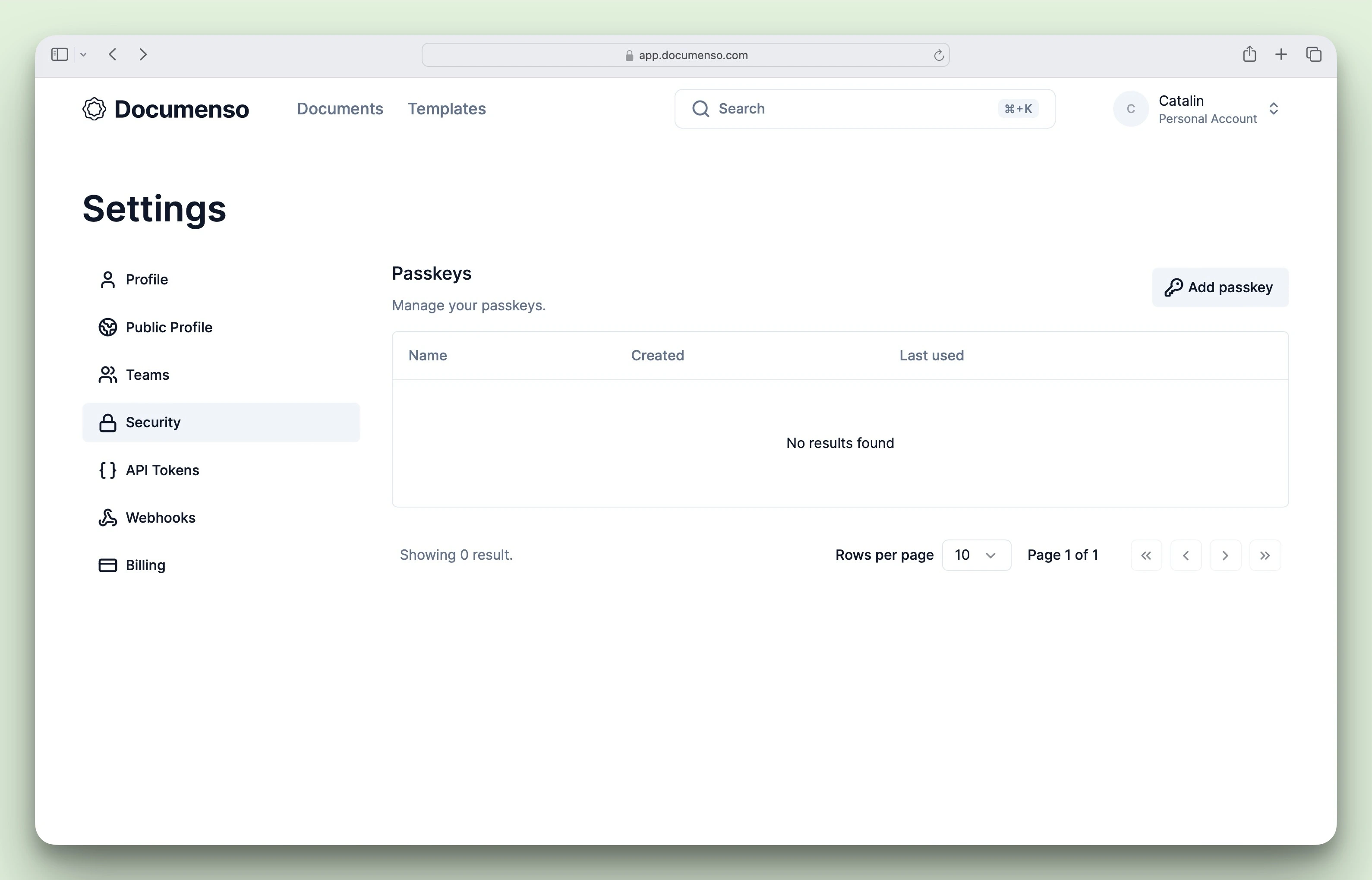 Passkeys management page