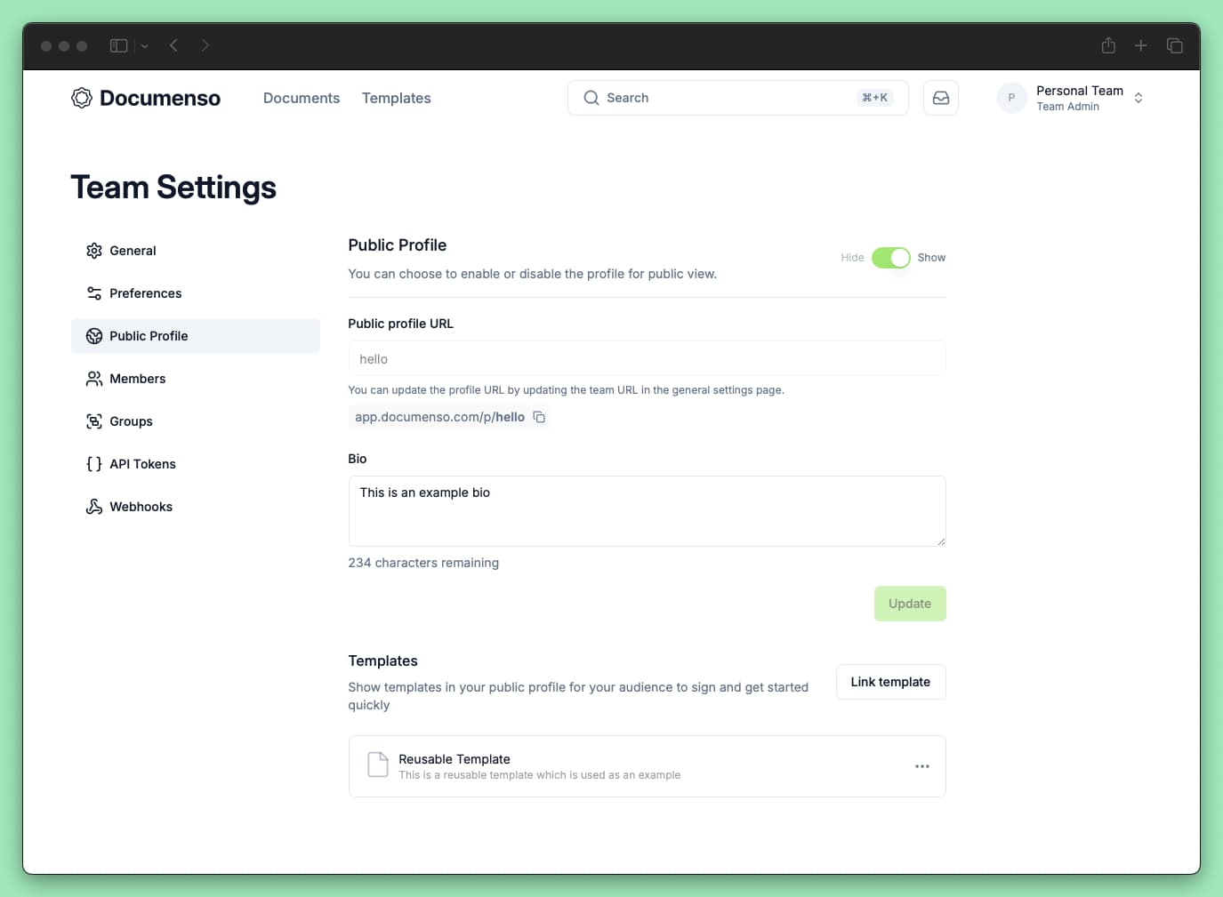 The profile settings page