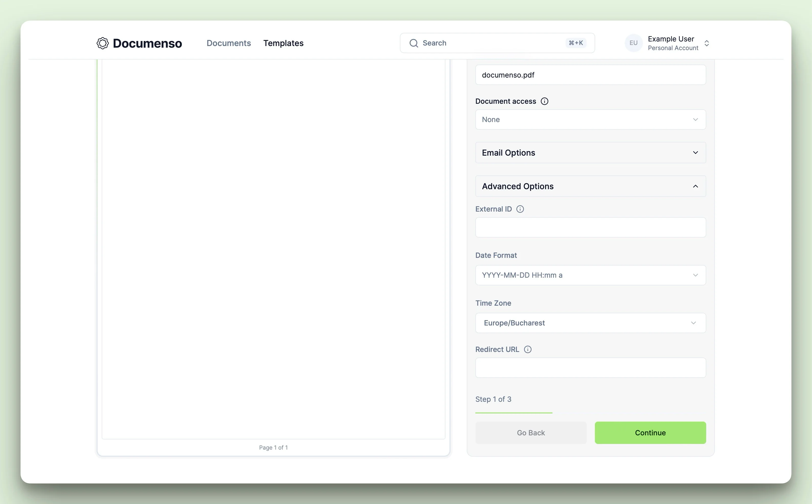 Configuring the advanced options for the Documenso template