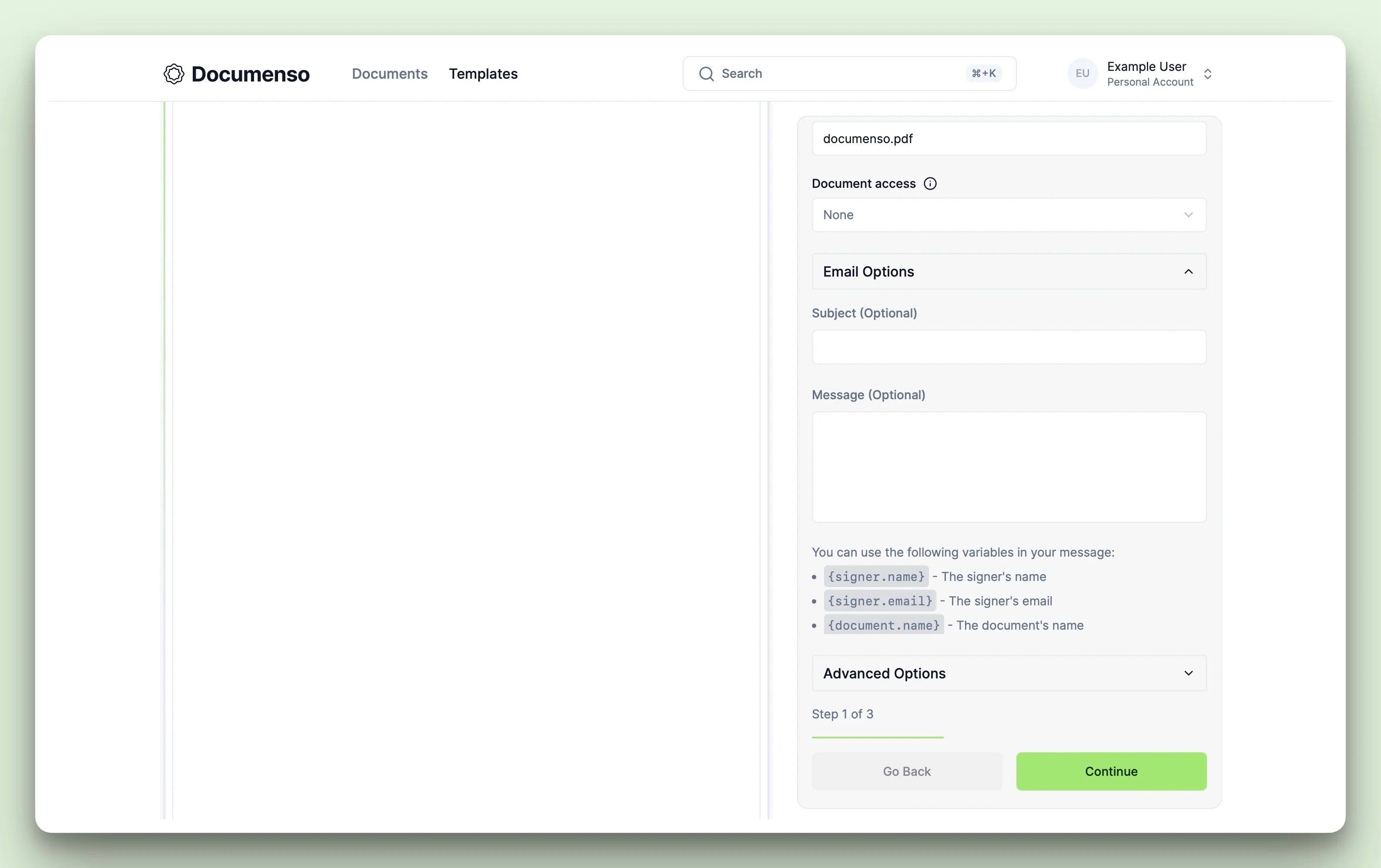 Configuring the email options for the Documenso template