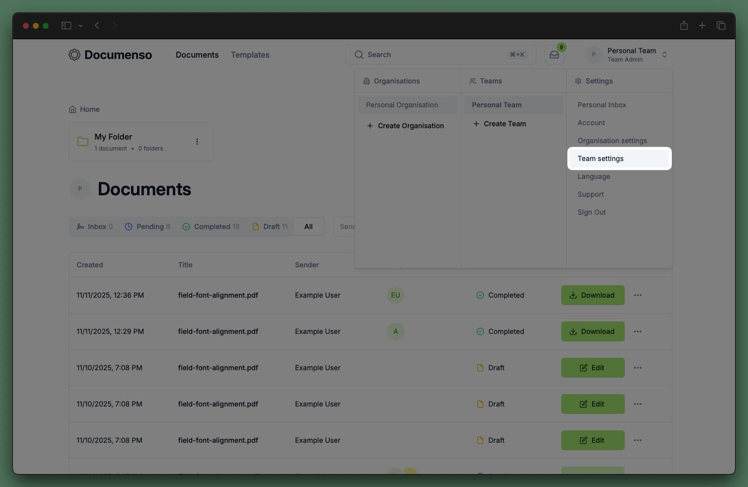 A screenshot of the Documenso's dashboard that shows the dropdown menu when you click on your user avatar