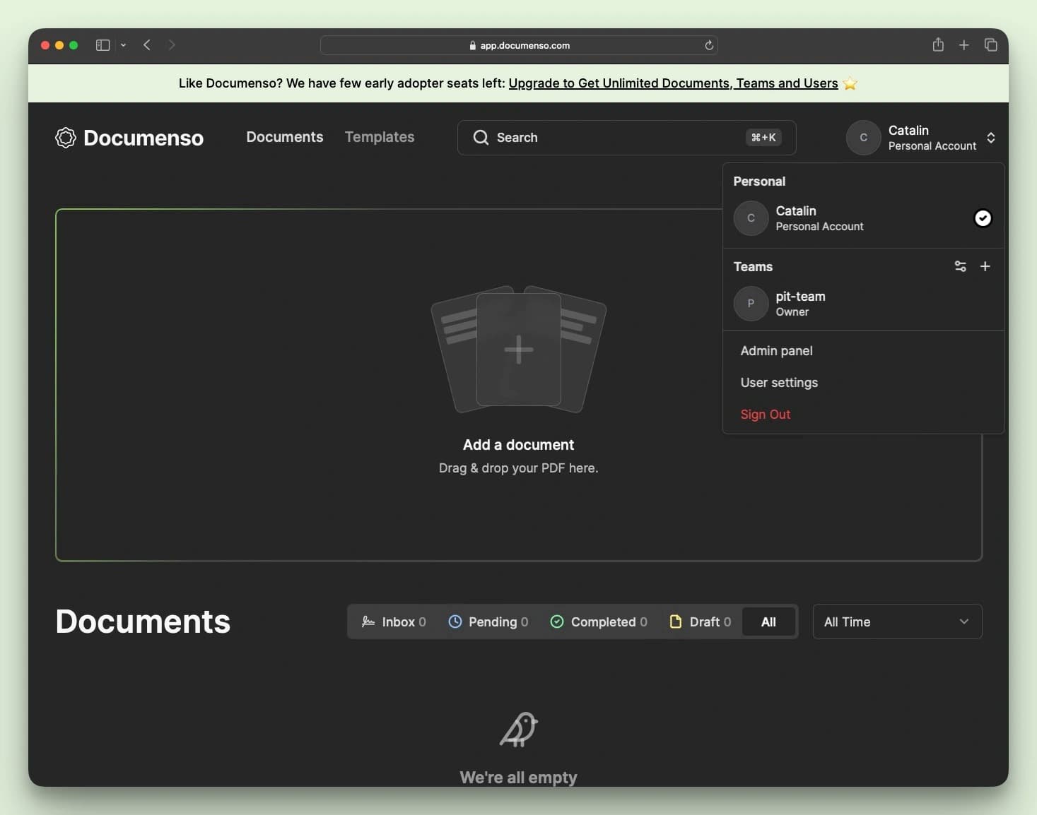 A screenshot of the Documenso's dashboard that shows the dropdown menu when you click on your user avatar