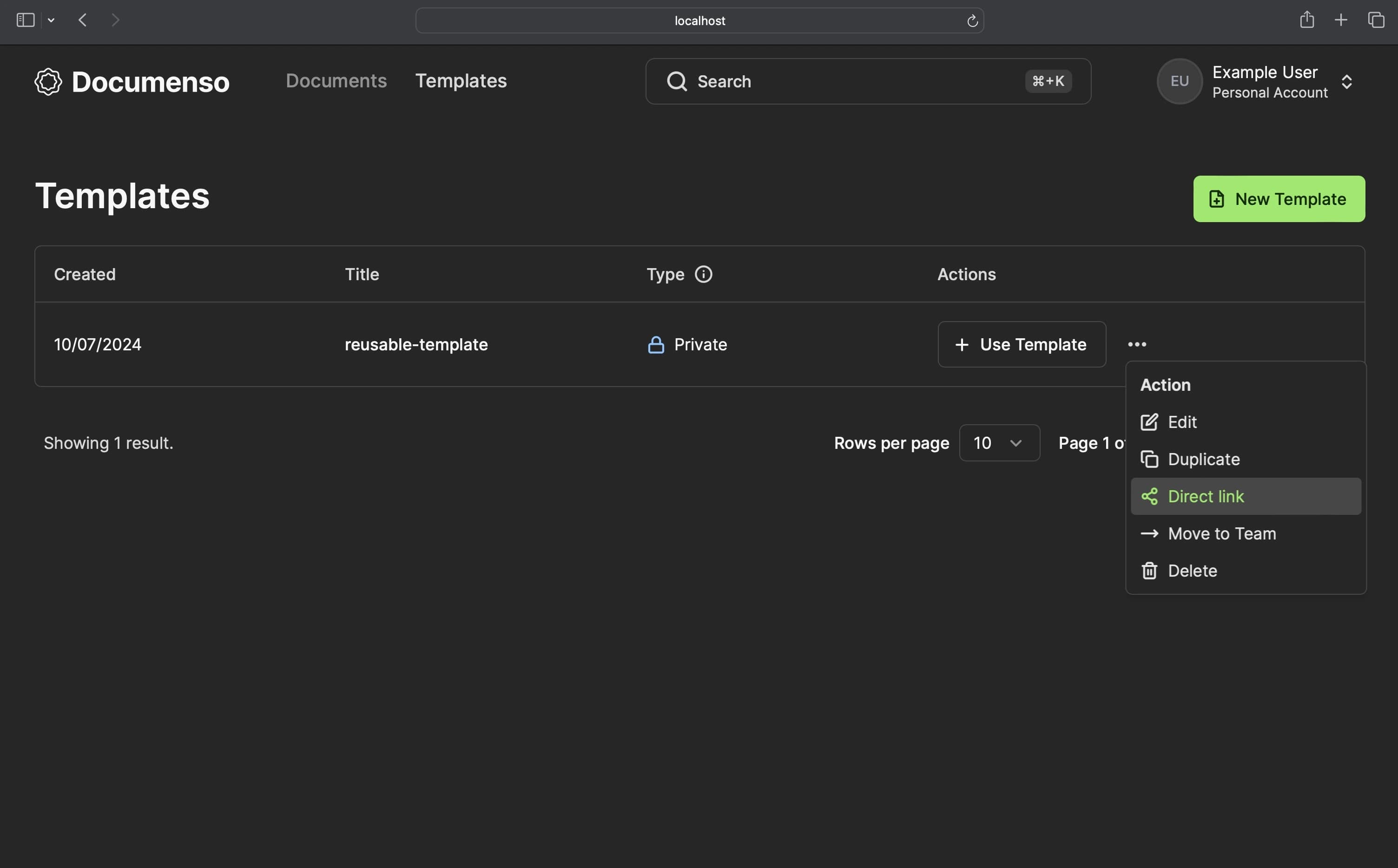 Template page in the Documenso dashboard