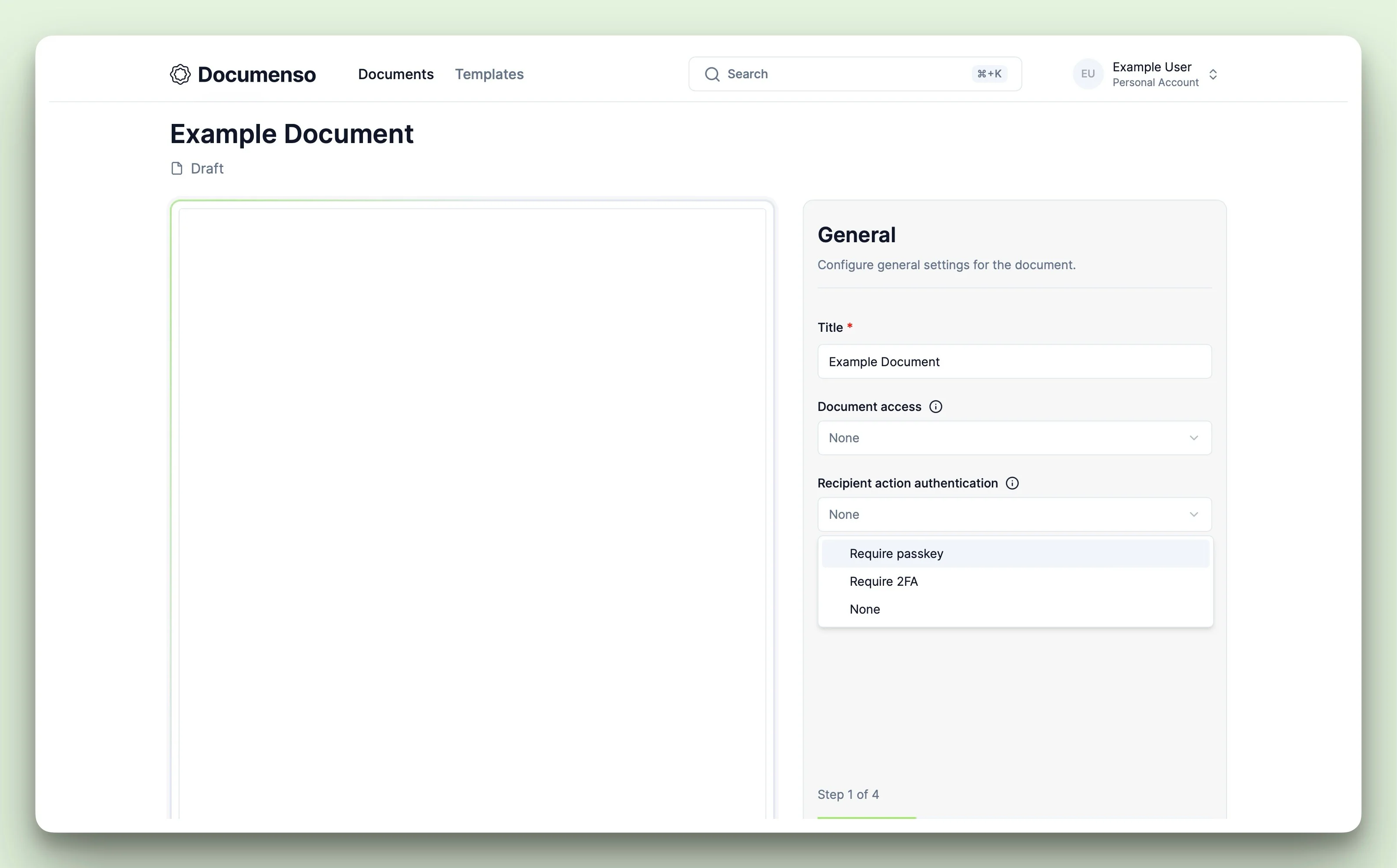 Document recipient action authentication in the Documenso dashboard