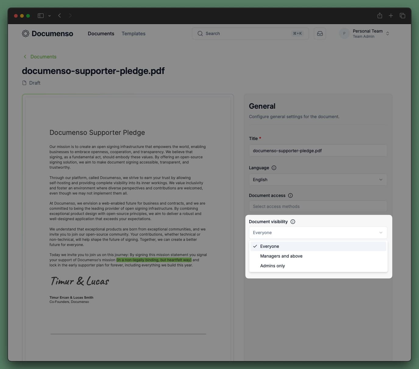 Document visibility settings in team preferences