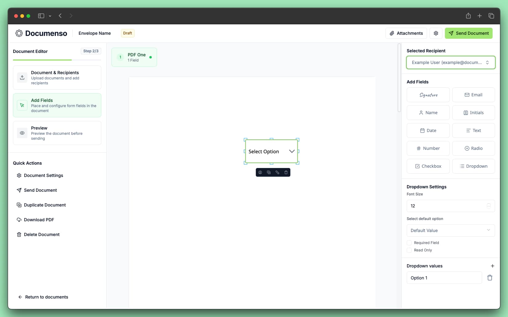 Dropdown field in the document editor