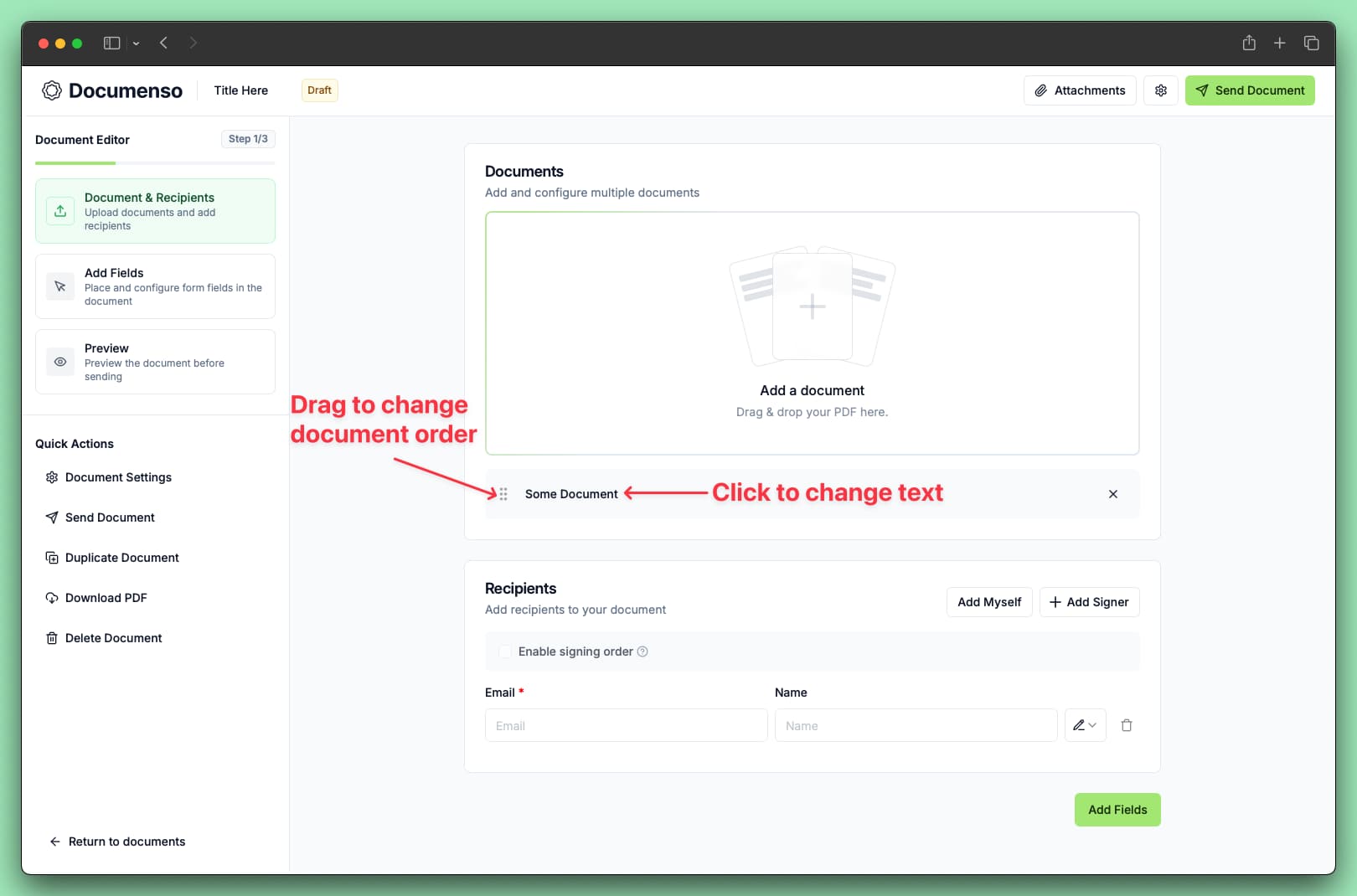 Adding recipients with email, name, and role options