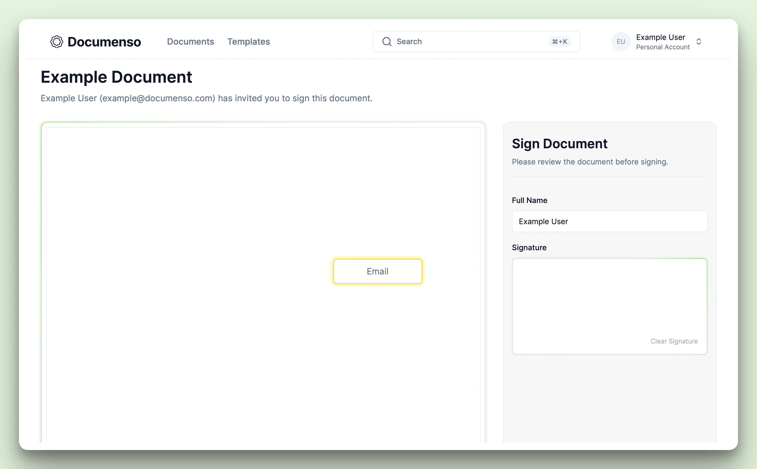 The email field in the Documenso document signing view