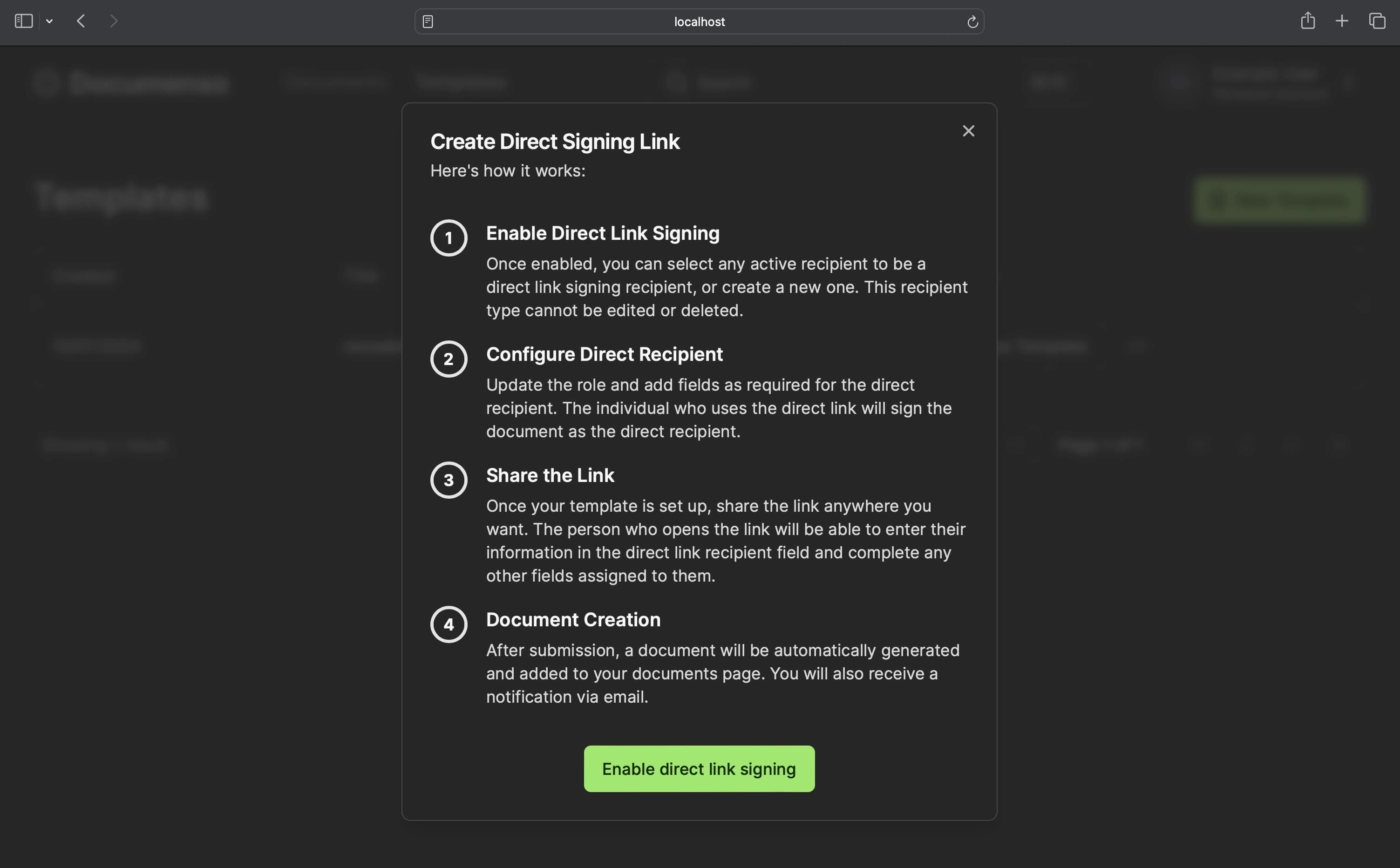 Enable the document direct link in the Documenso dashboard