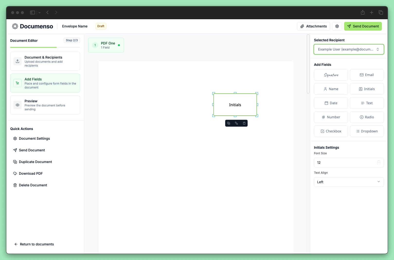 The initials field in the Documenso document editor