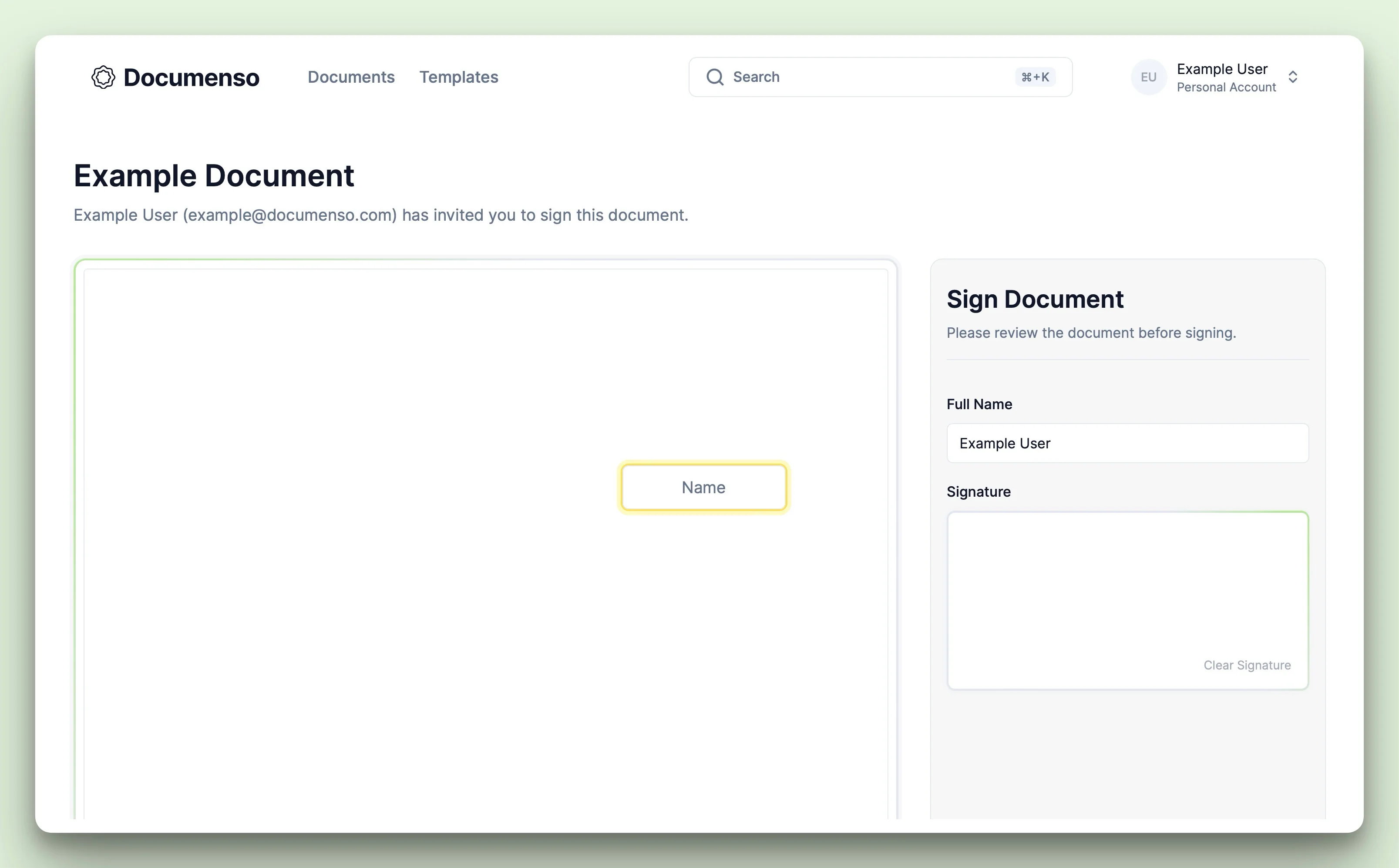 The name field in the Documenso document signing view