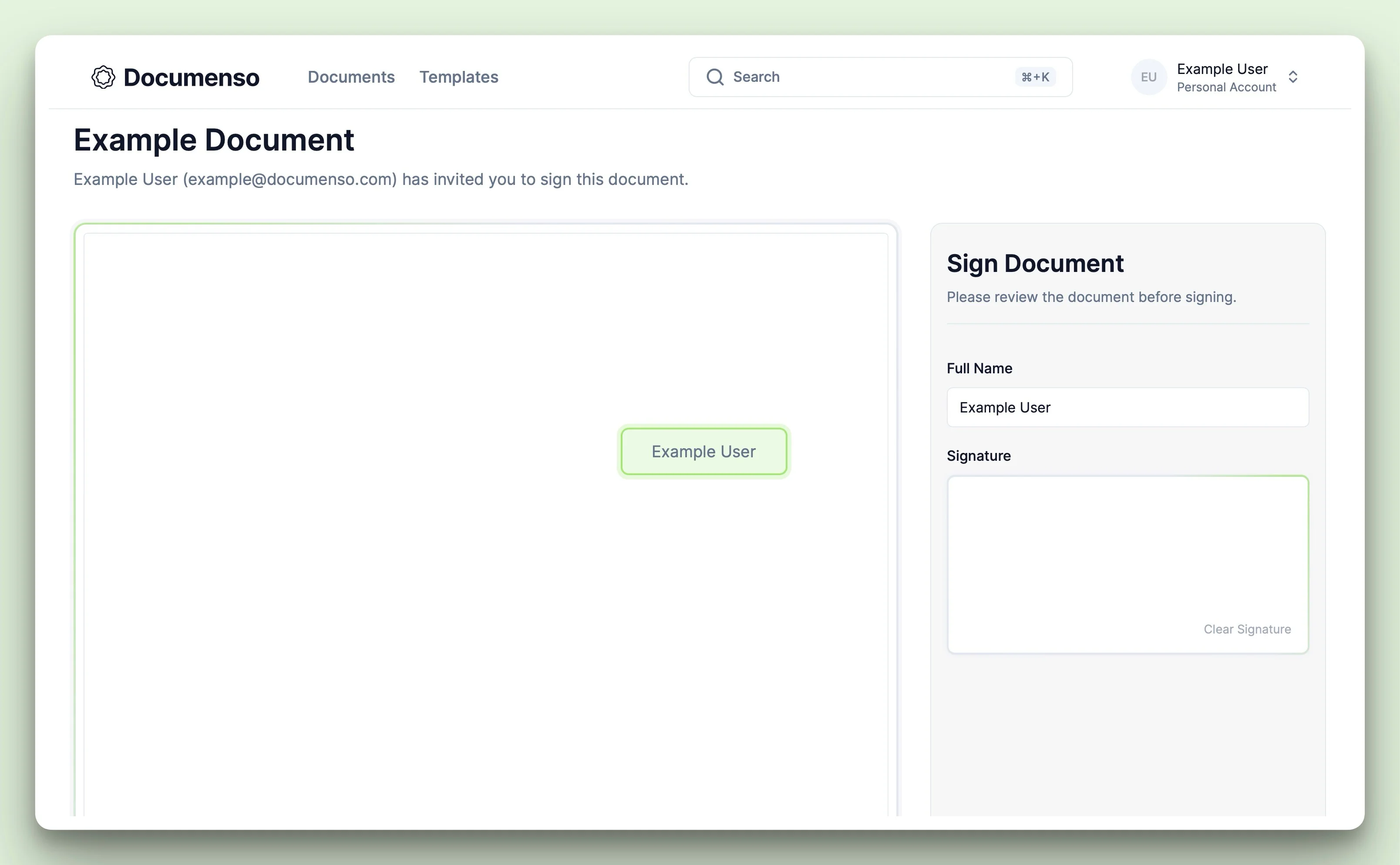 The name field signed by the user in the Documenso document signing view