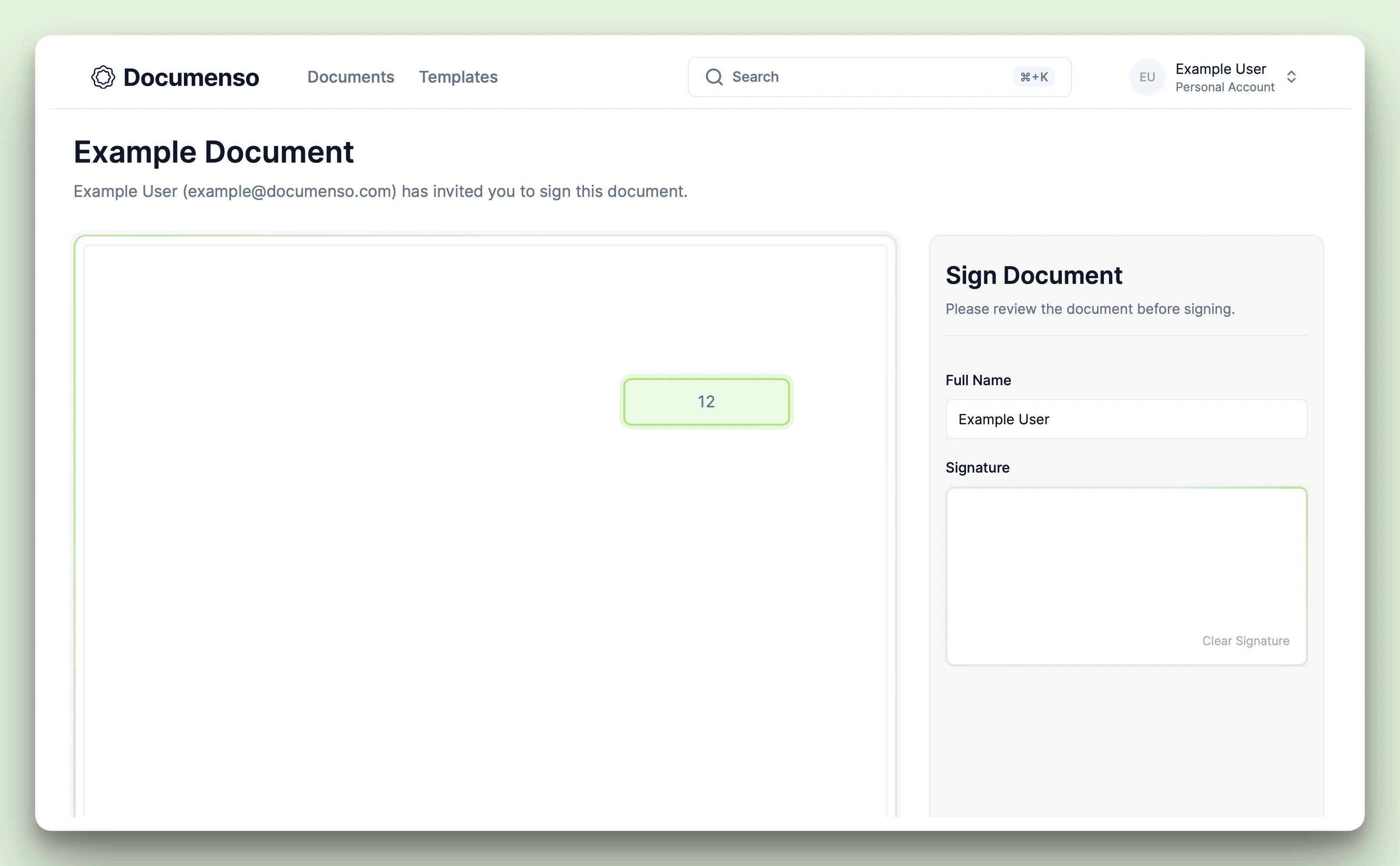 Number field with the default value signed by the user in the Documenso document signing view