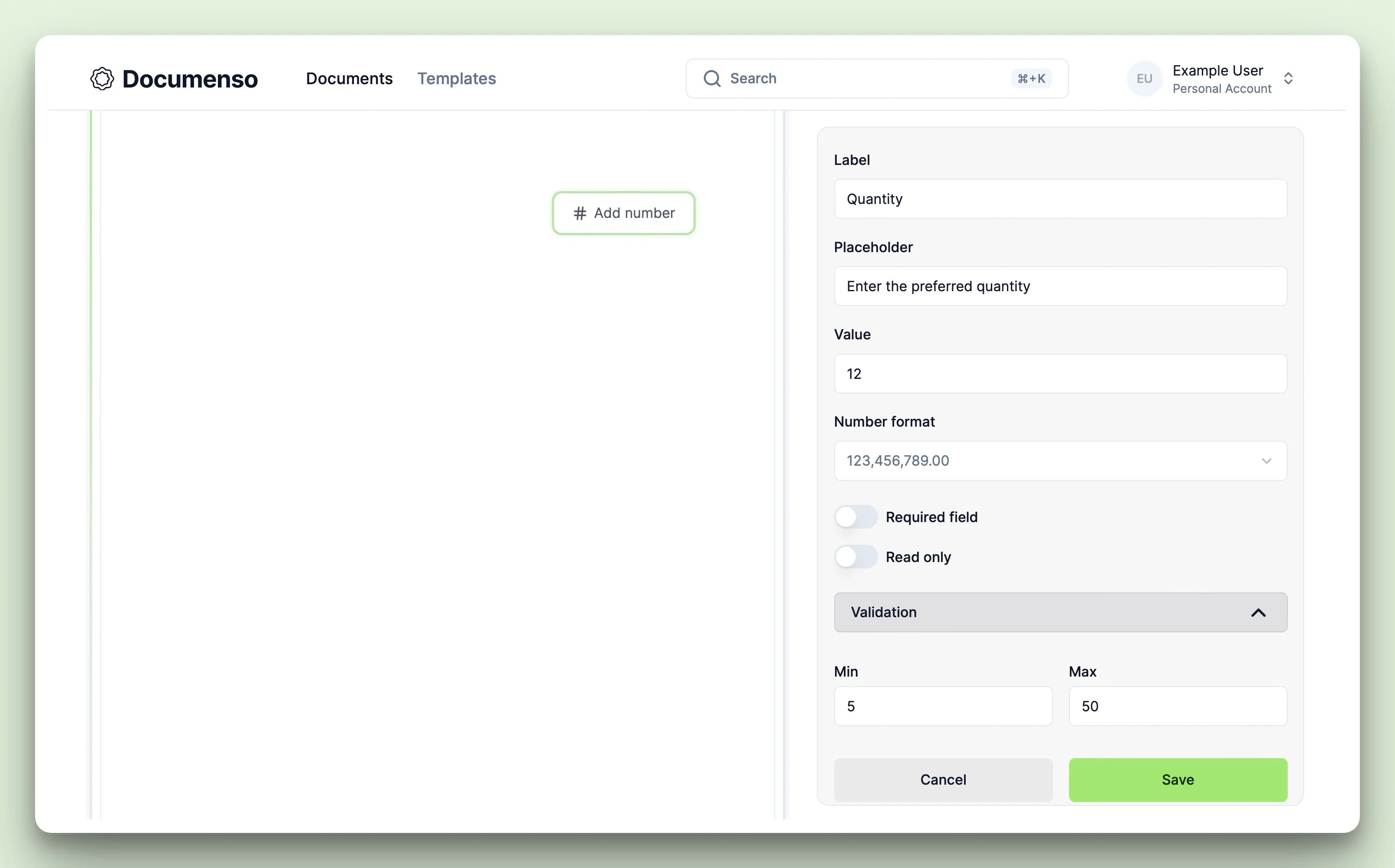 The number field in the Documenso document editor