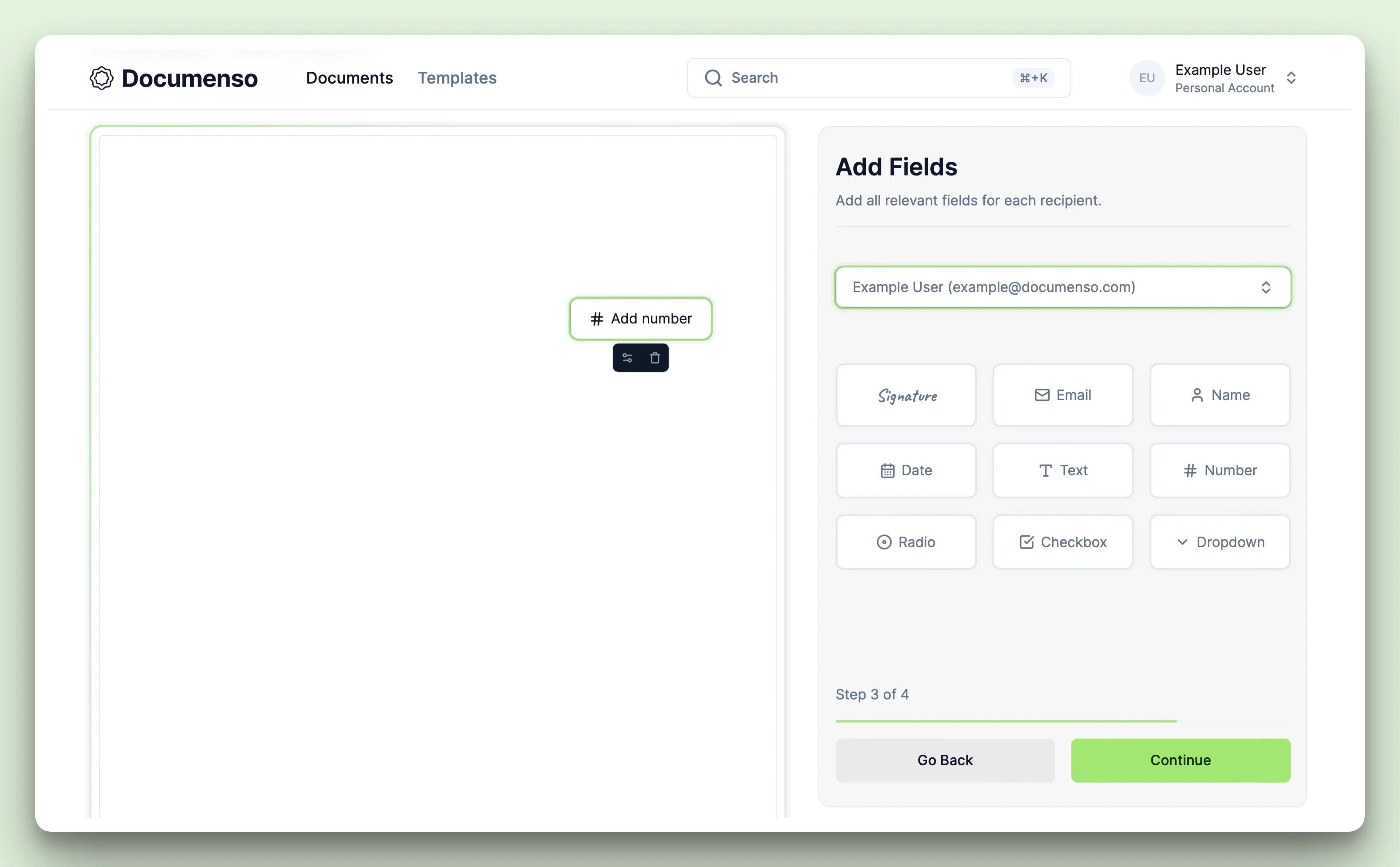 The number field in the Documenso document editor