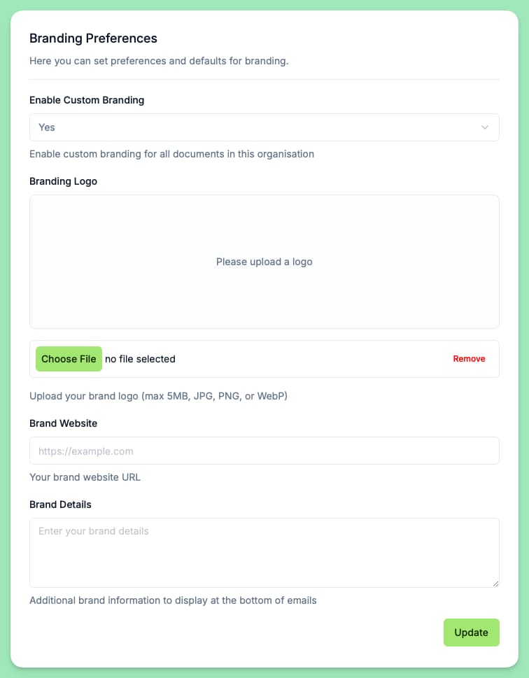 A screenshot of the organisation's document preferences page