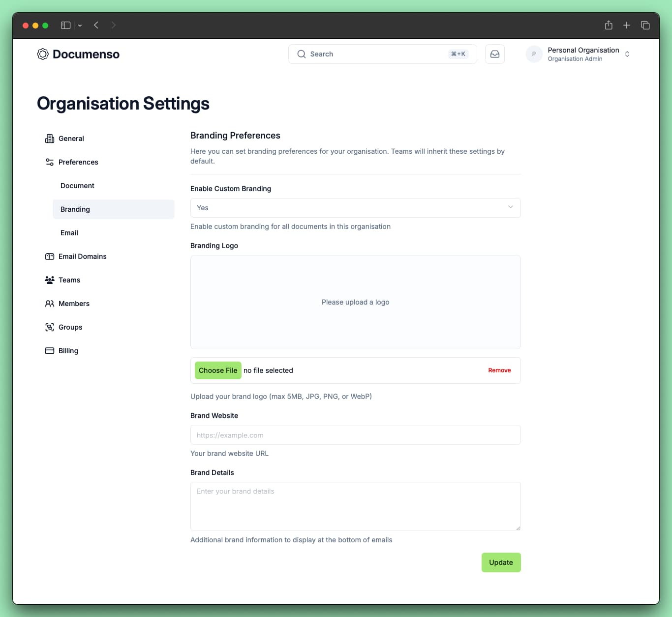Branding settings page