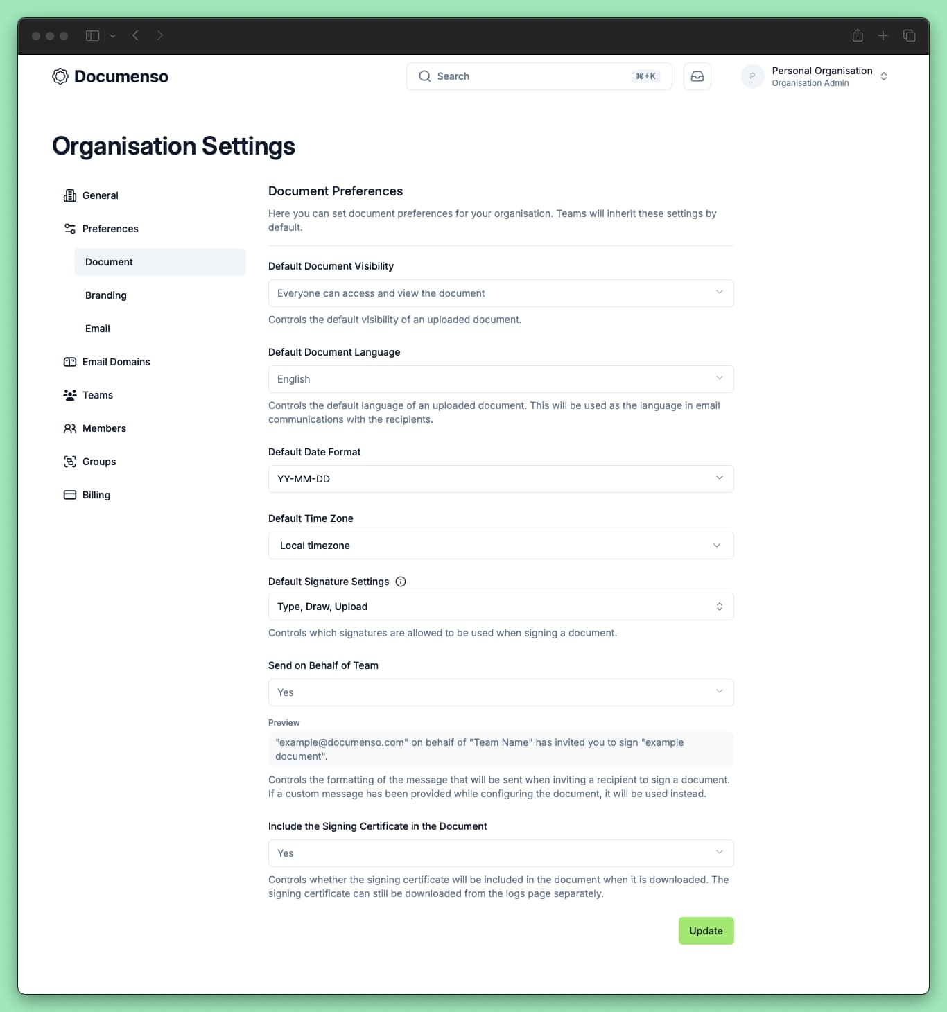 A screenshot of the organisation's document preferences page