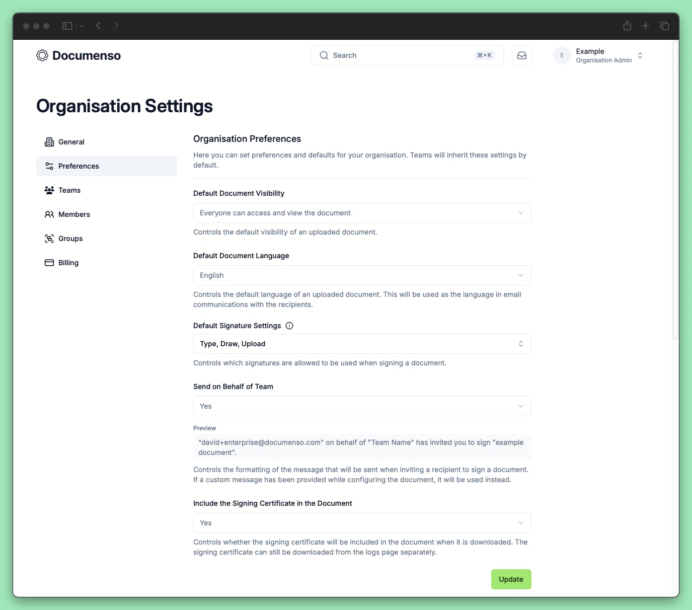 A screenshot of the organisation's document preferences page