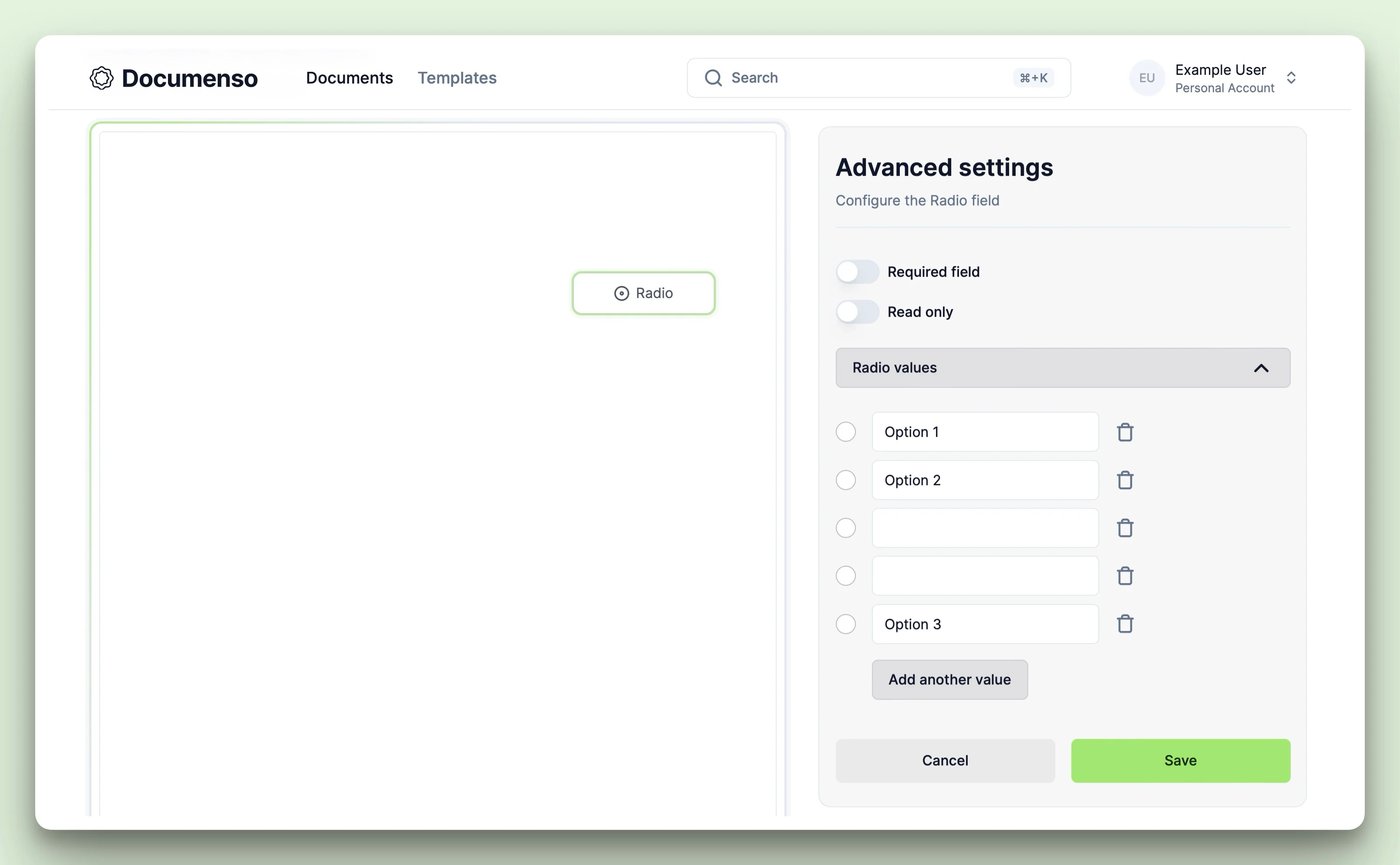 The radio field advanced settings in the Documenso document editor