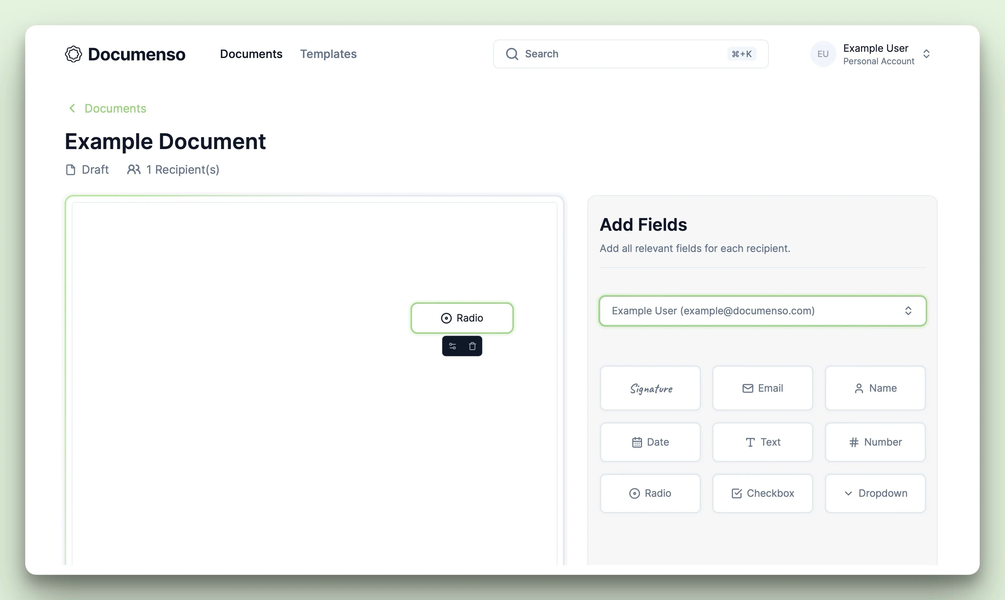 The radio field in the Documenso document editor