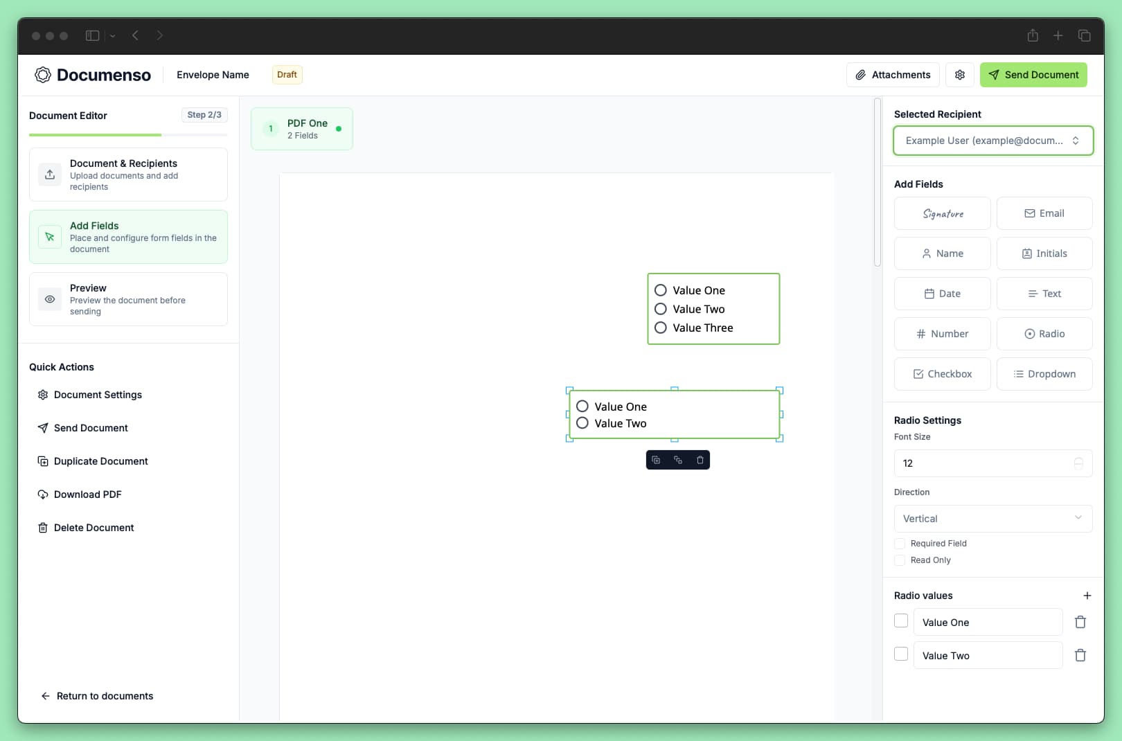 The radio field in the Documenso document editor
