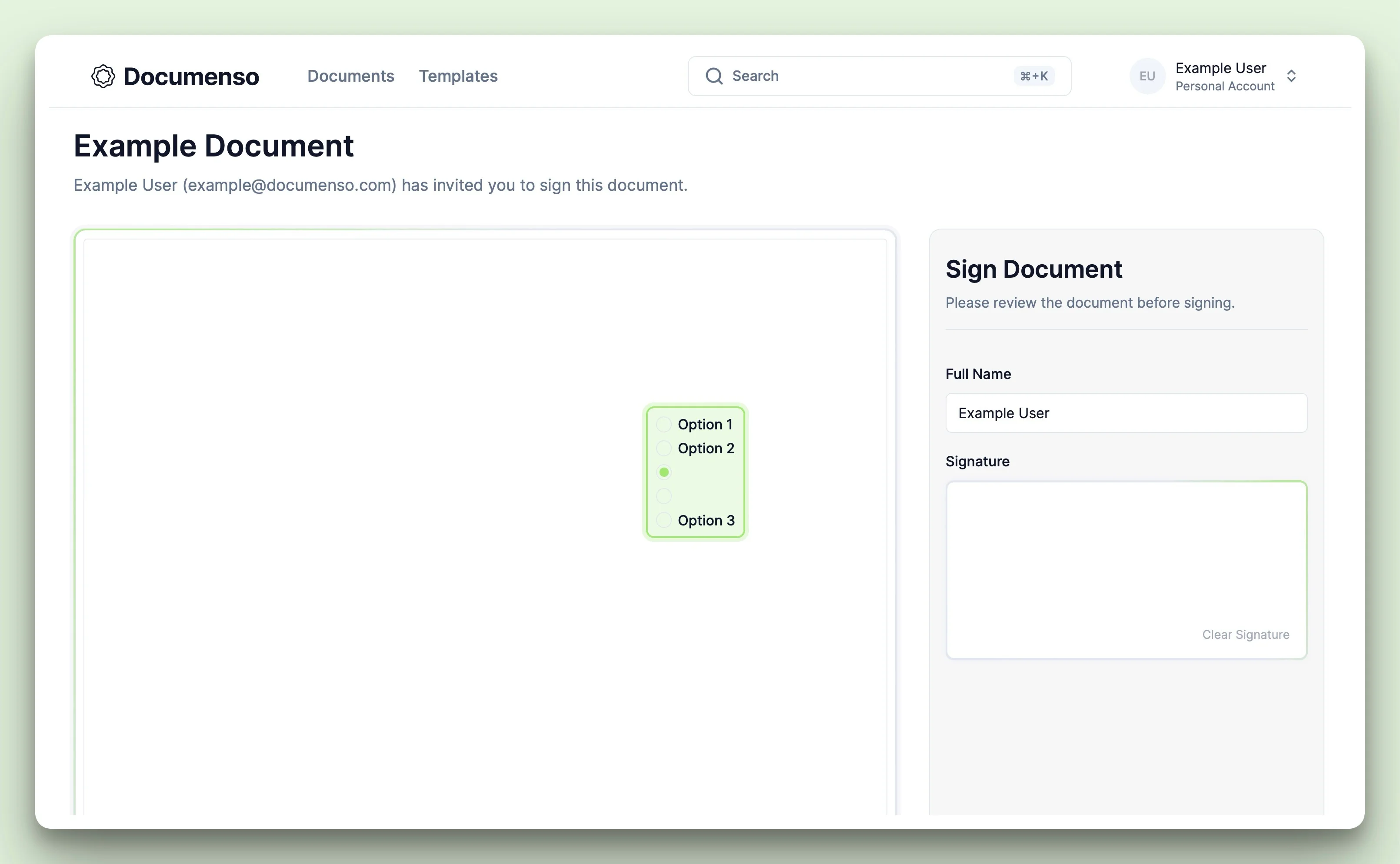 Radio field with the value selected by the user in the Documenso document signing view