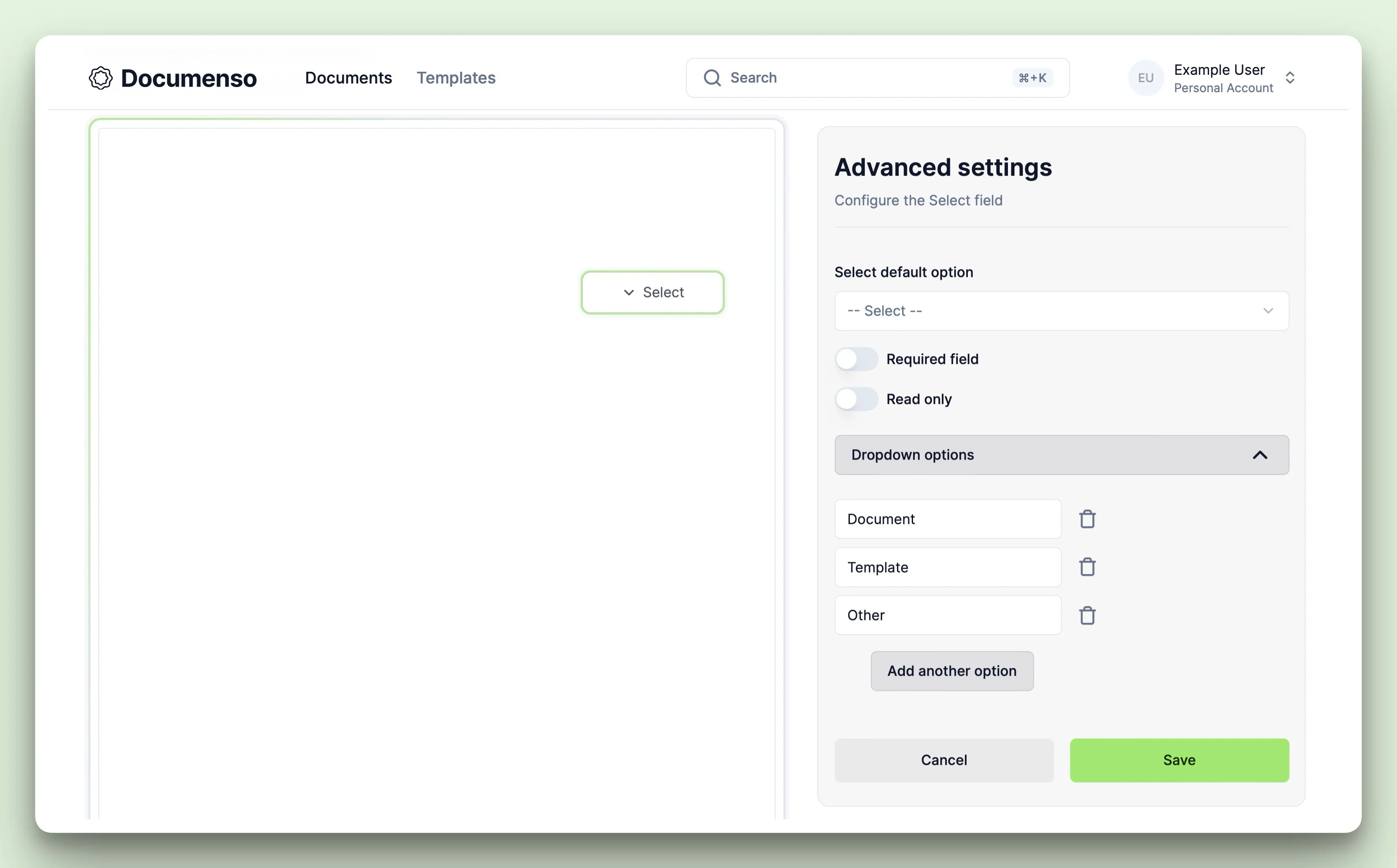 The dropdown/select field settings in the Documenso document editor