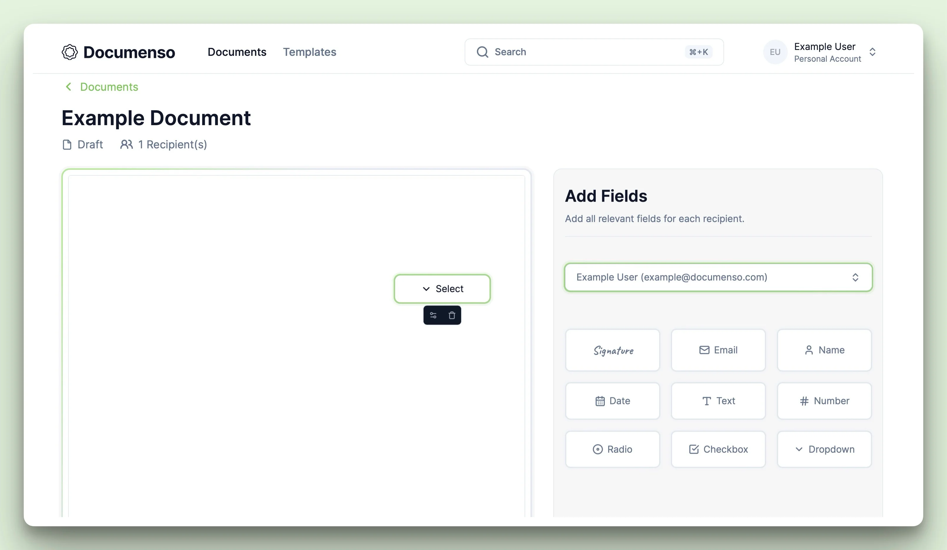 The dropdown/select field in the Documenso document editor