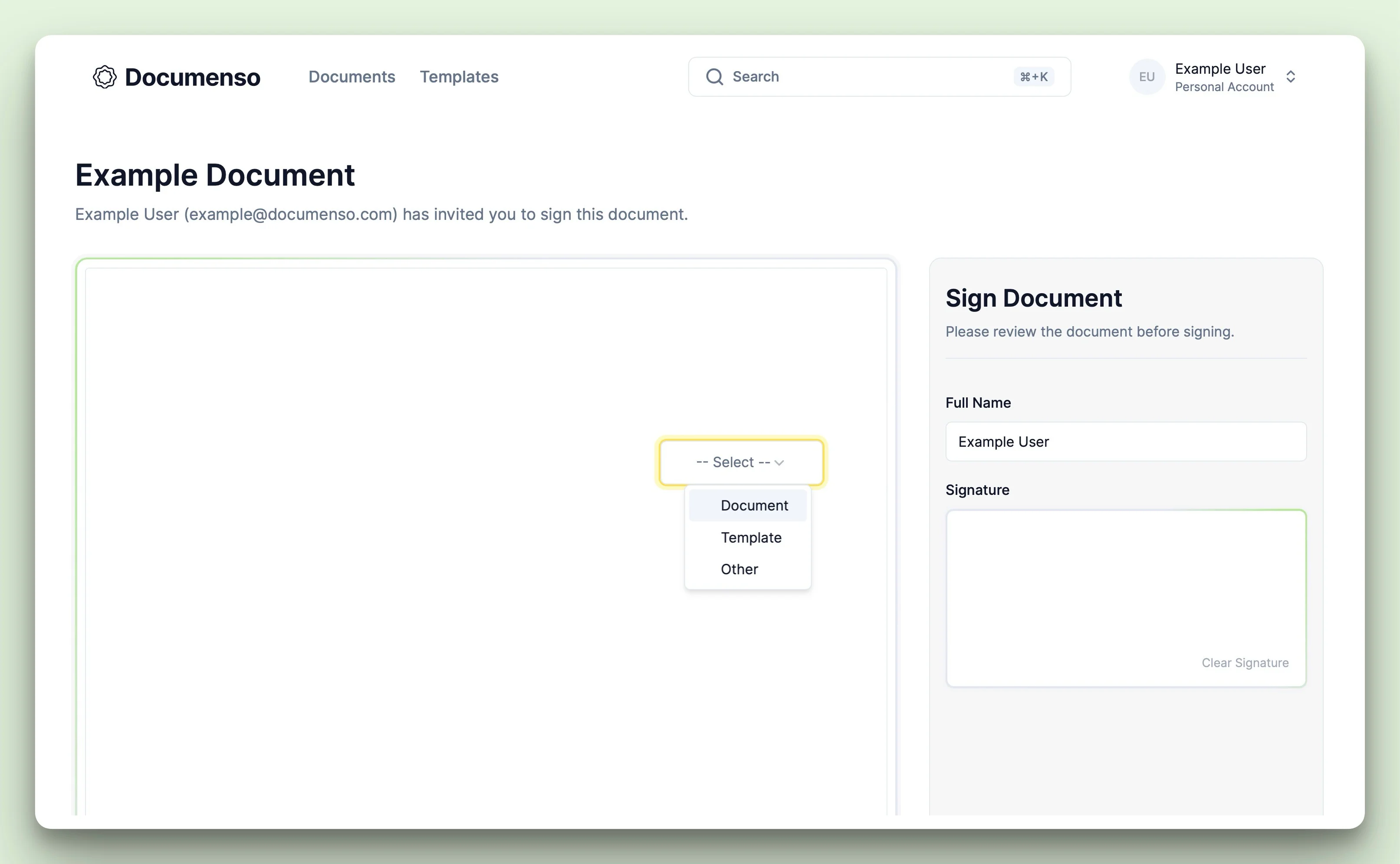 Dropdown/select field with the dropdown list in the Documenso document signing view