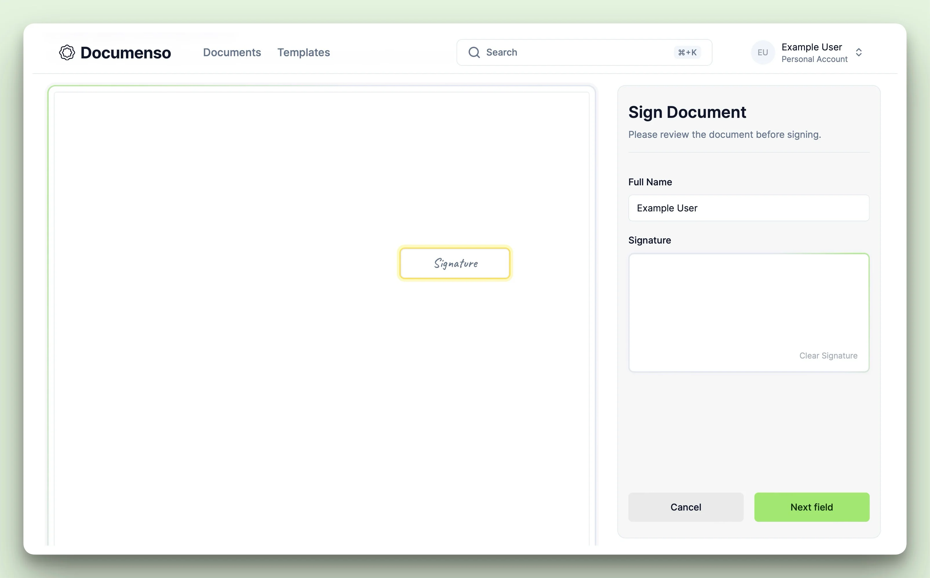 The signature field in the Documenso document signing view