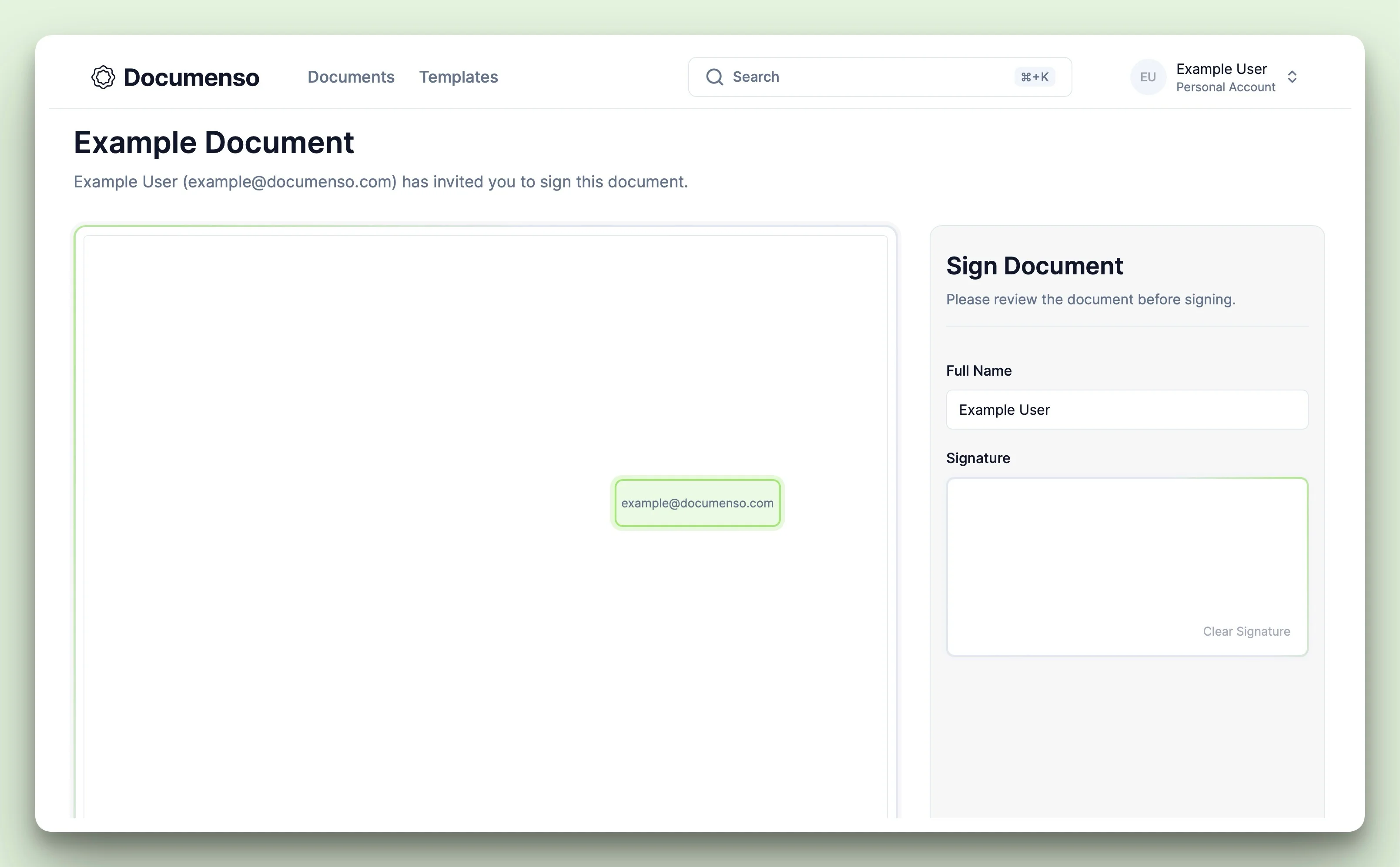 The email field signed by the user in the Documenso document signing view